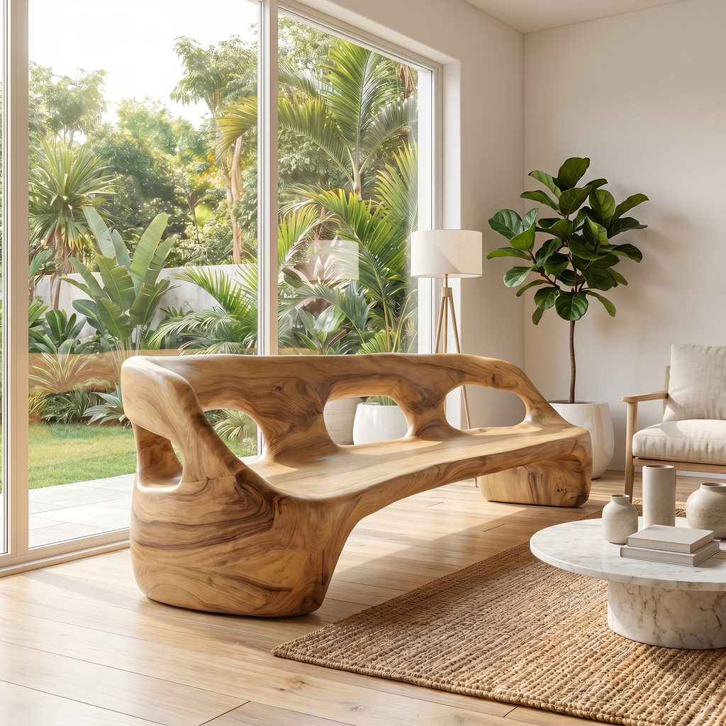 Contemporary Sculptural Sofa Frame, Curved Solid Wood Couch Frame for Modern Living Room Decor