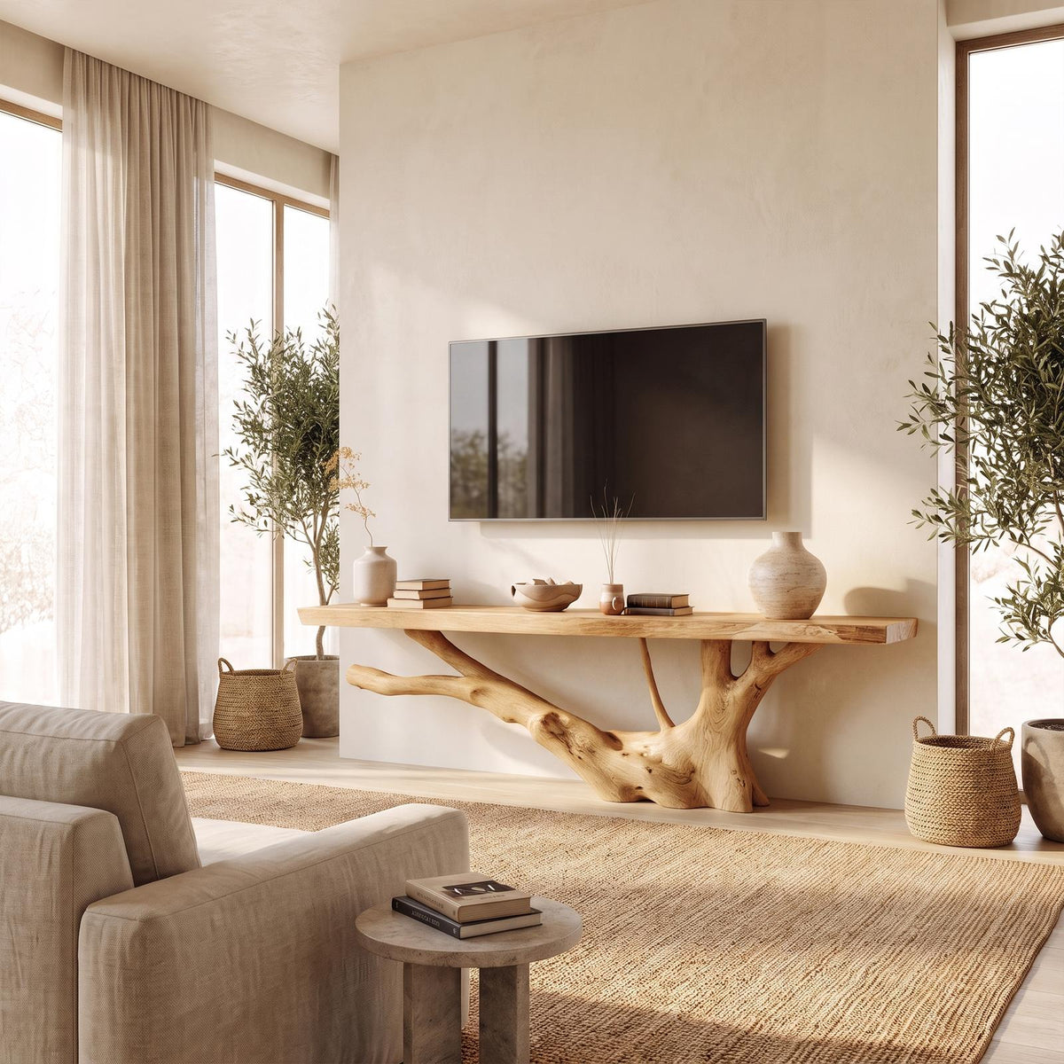 Nature Inspired TV Stand With Handcrafted Tree Root Design For Living Room