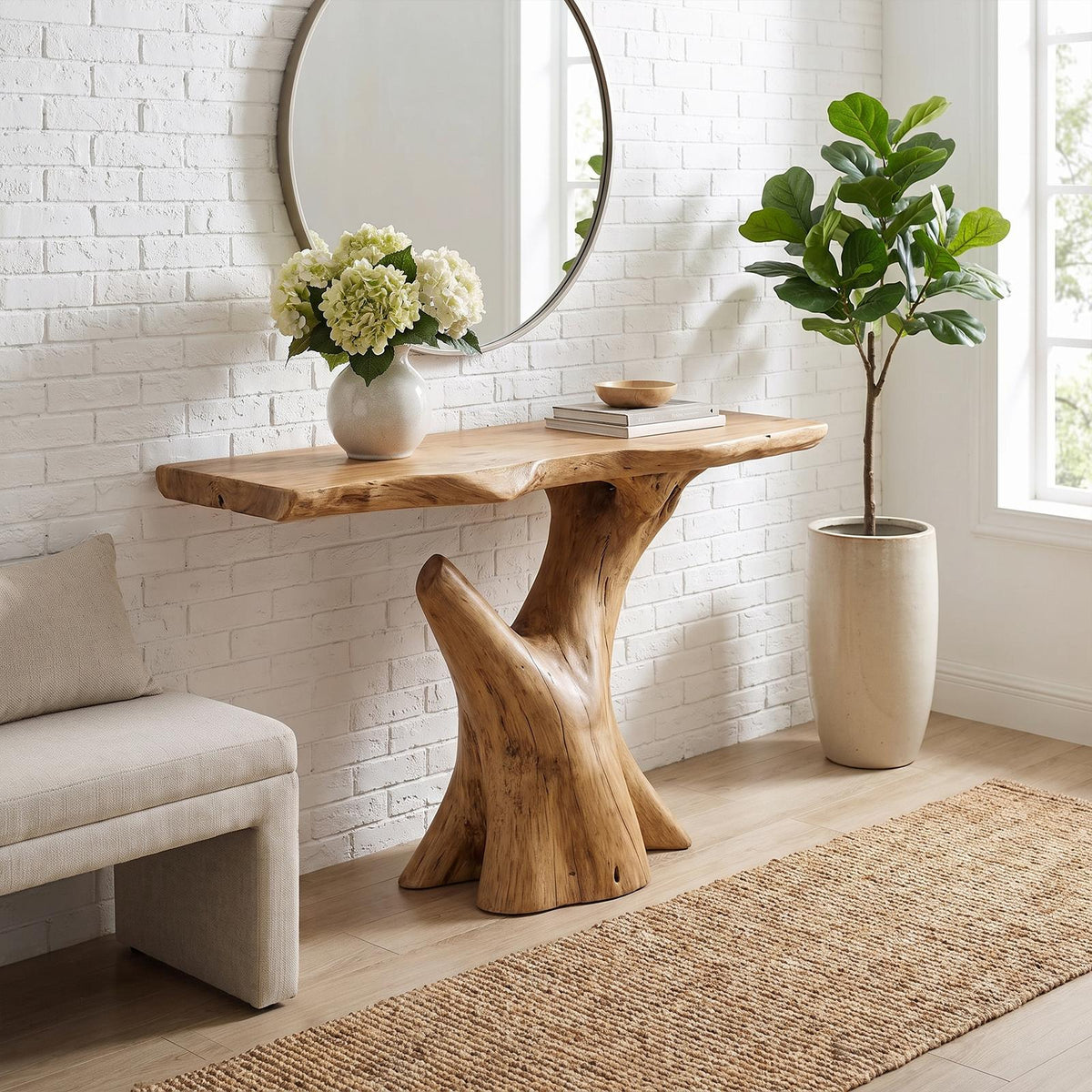 Rustic Sculptural Console Table, Natural Solid Wood Accent Sofa Table for Living Room & Foyer