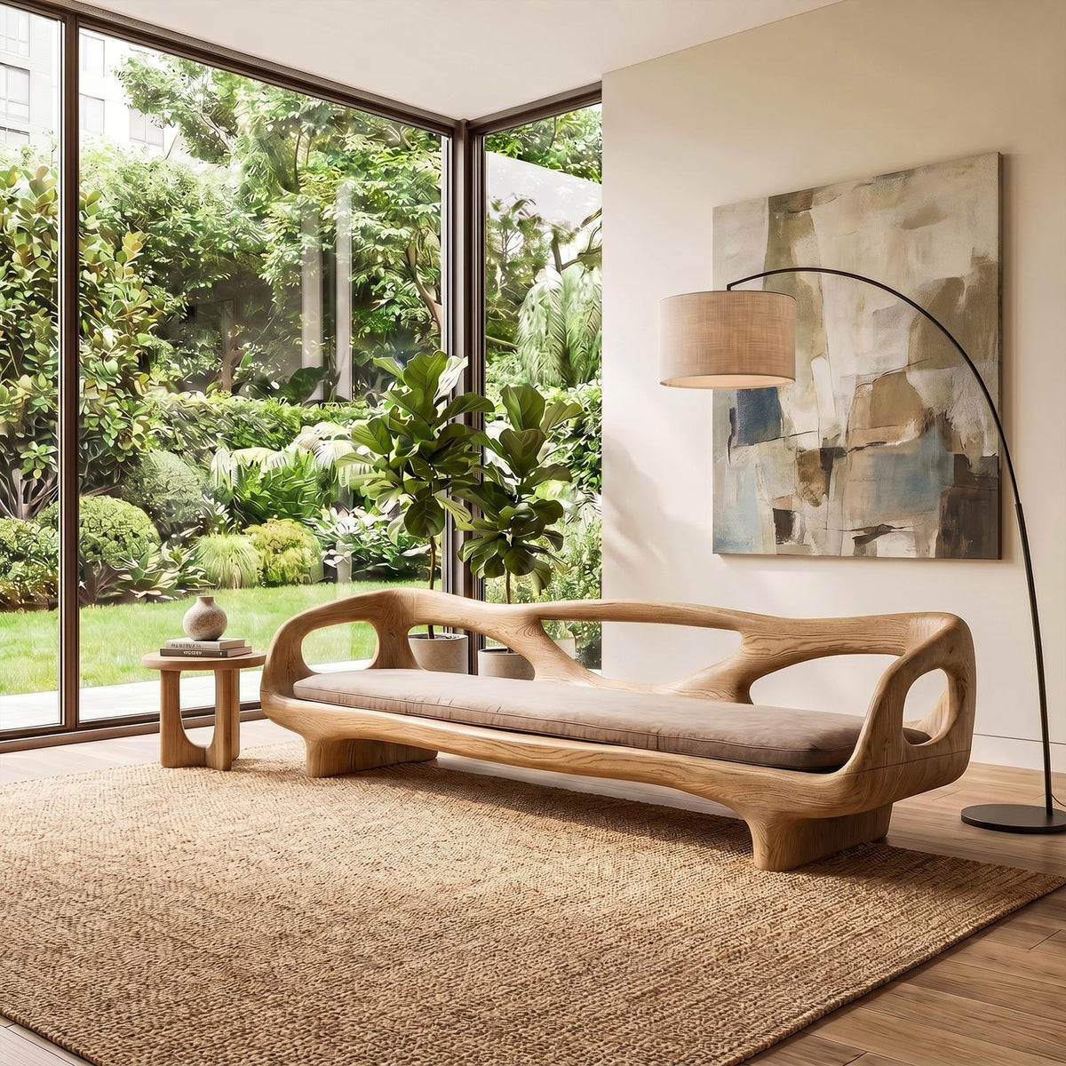 Organic Sculptural Sofa Frame, Curved Open Arm Solid Wood Couch Frame for Living Room