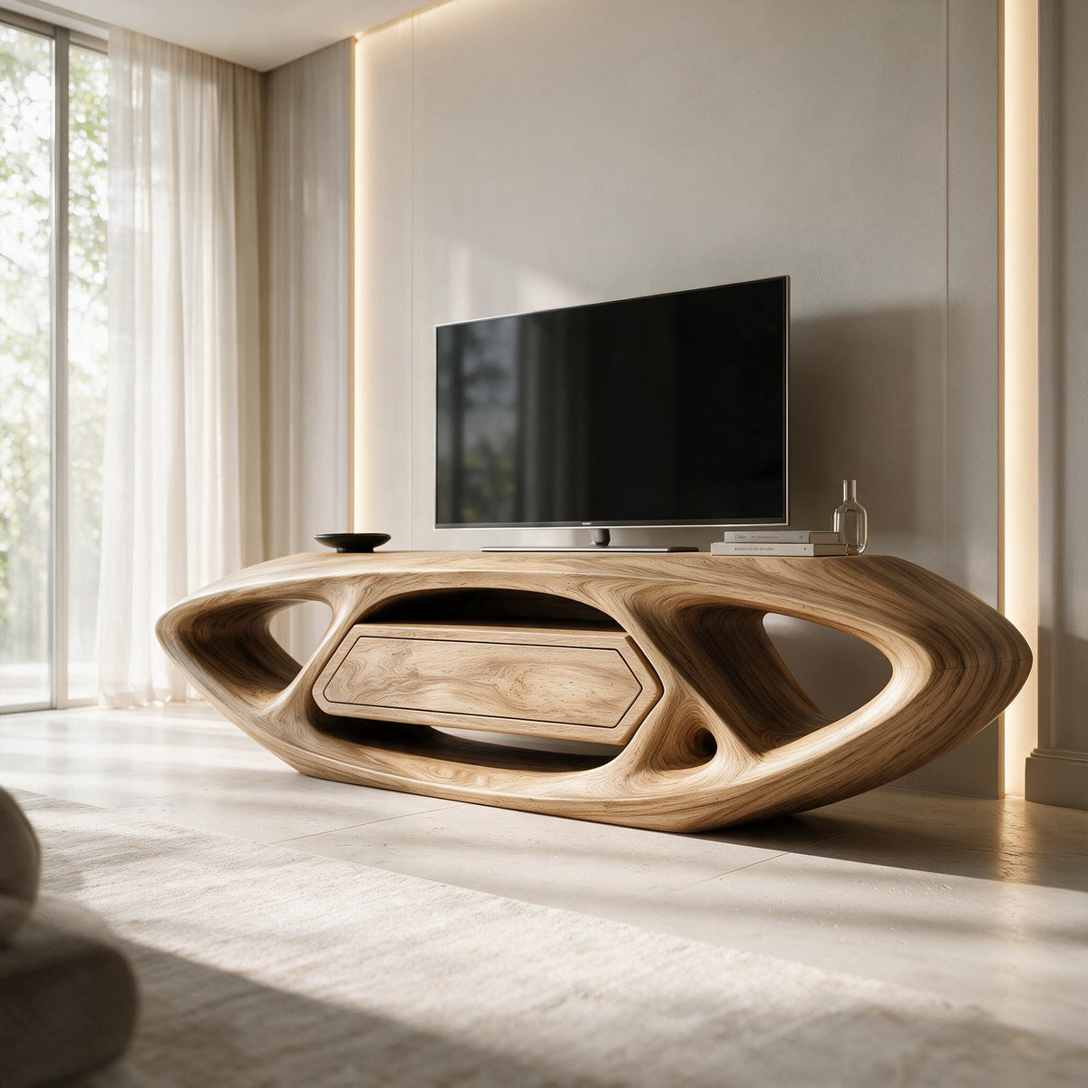 Contemporary TV Cabinet With Sculptural Oval Frame And Open Storage For Living Room SINLKITVC111