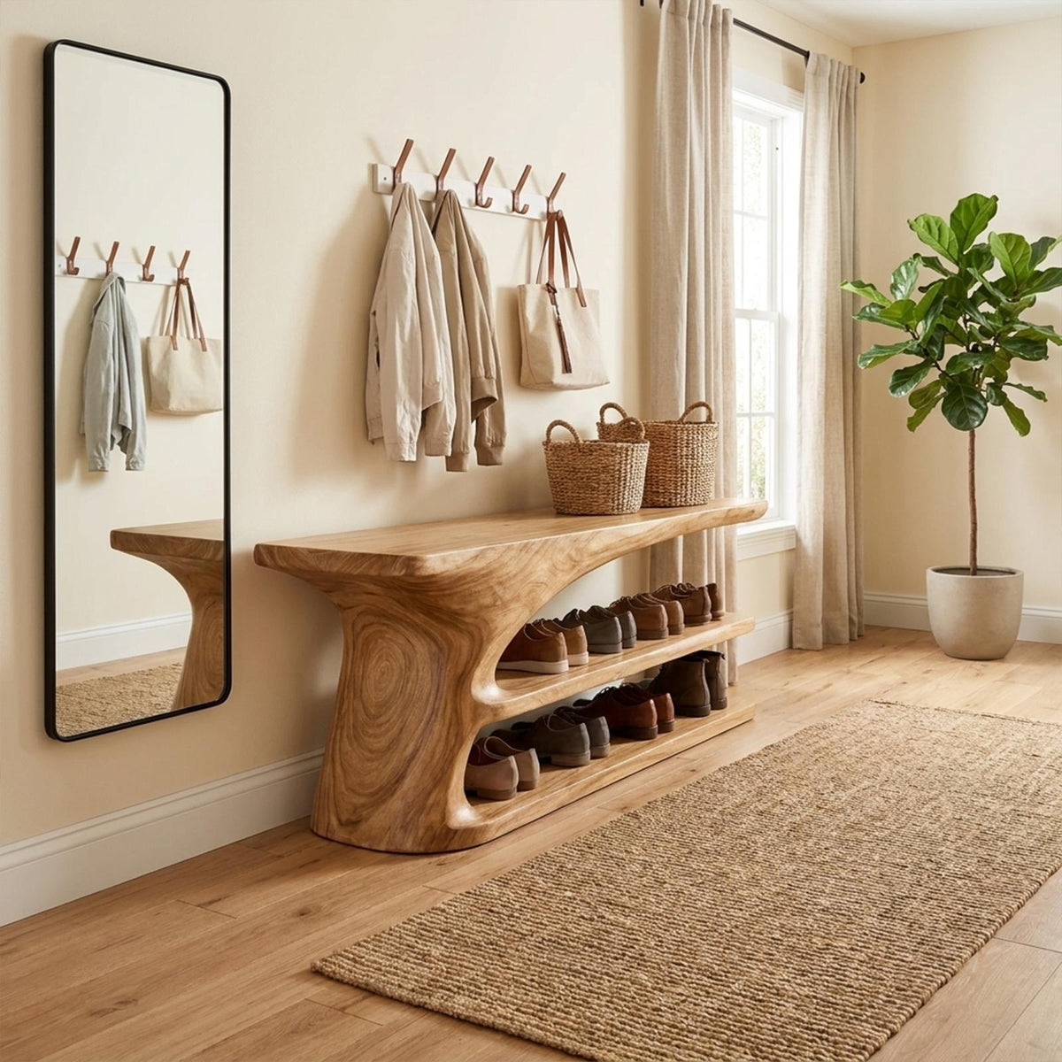Mid Century Natural Wood Shoe Storage Bench Hallway