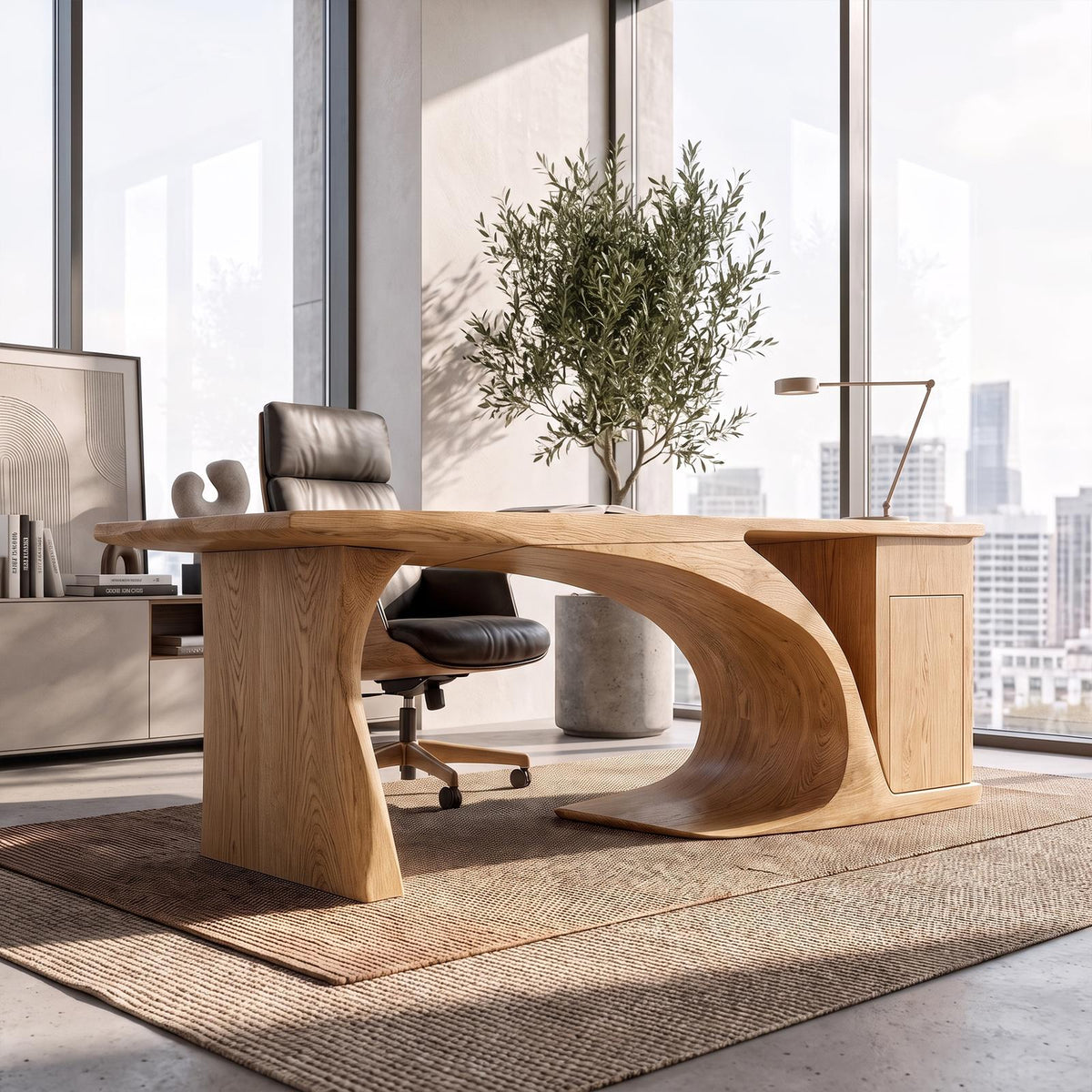 Modern Sculptural Desk With Curved Base And Storage For Home Office