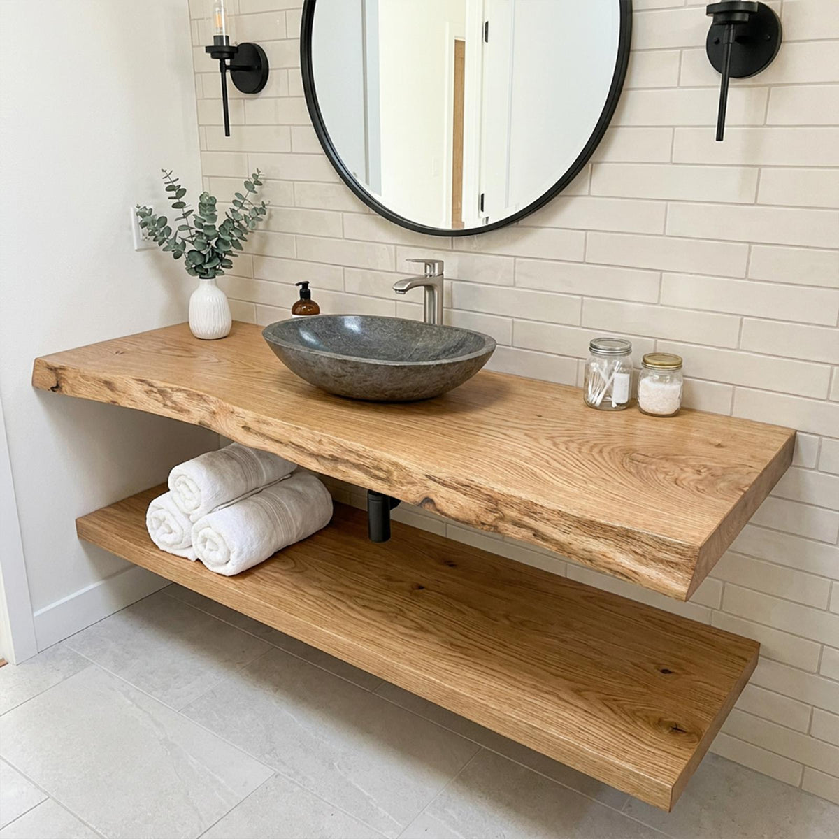 Mid Century Bathroom Vanity Shelf Curved Edge Wood Bathroom Look SINLKIBRV232