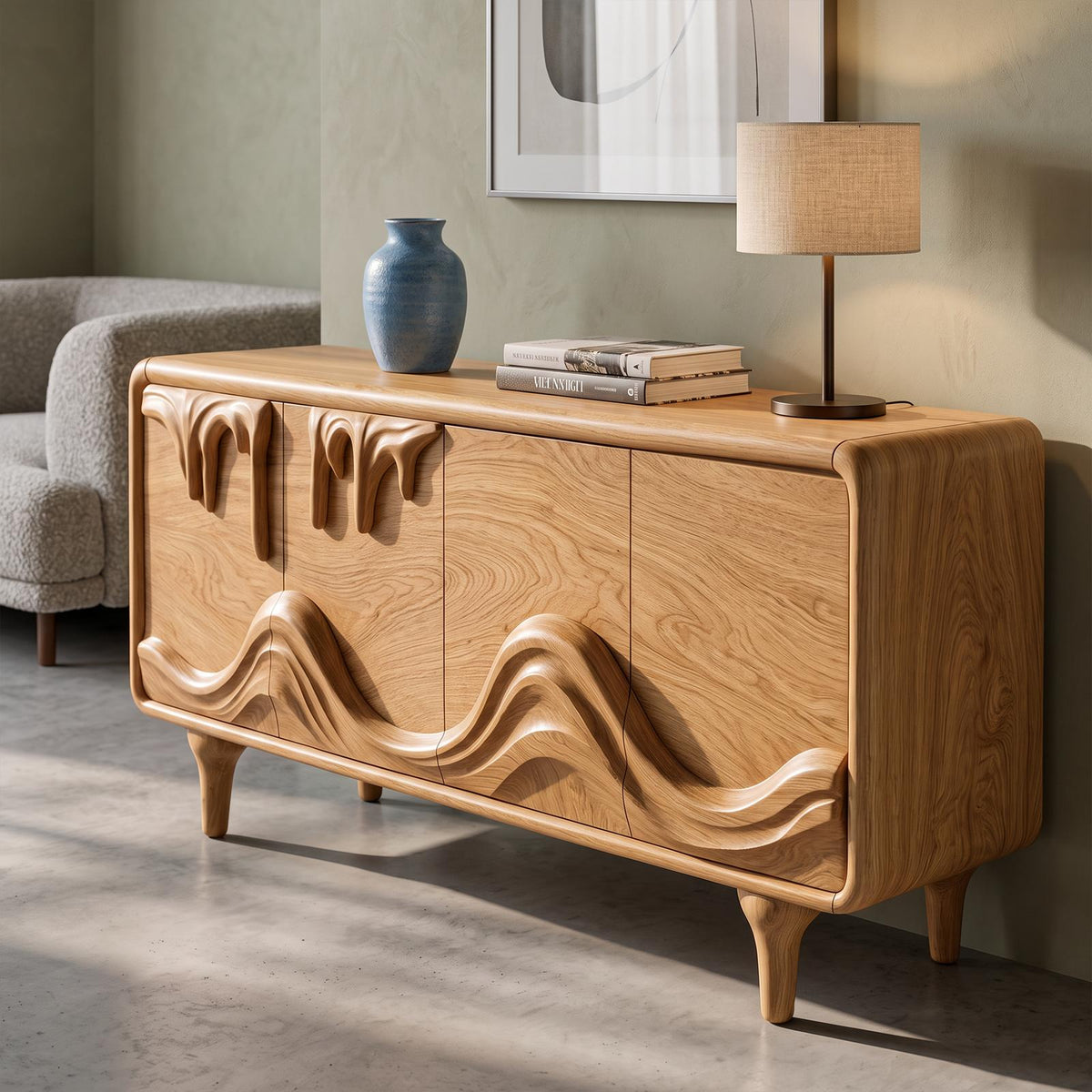 Mid Century Sideboard With Intricately Carved Front Design For Living Room SINLKISD002