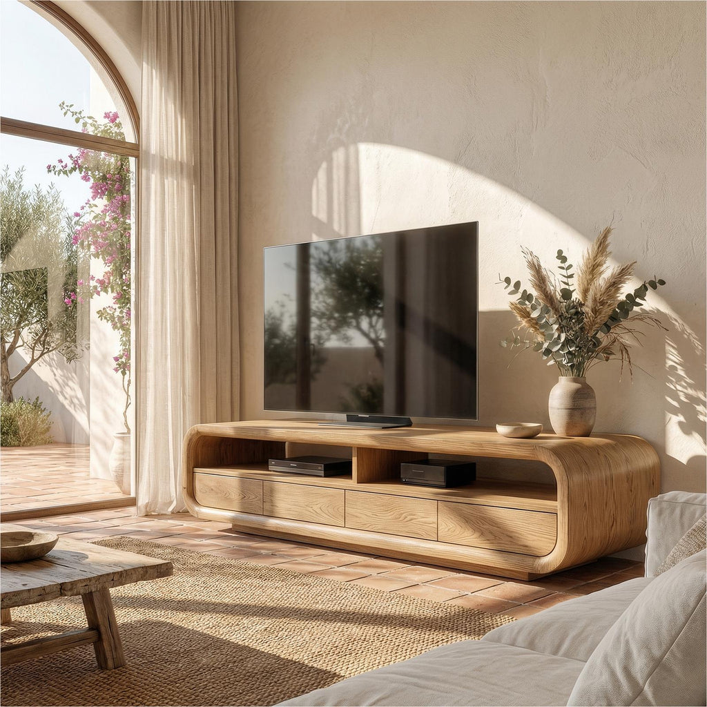Rustic TV Cabinet, Solid Wood Media Console credenza with Storage Cabinets for Living Room