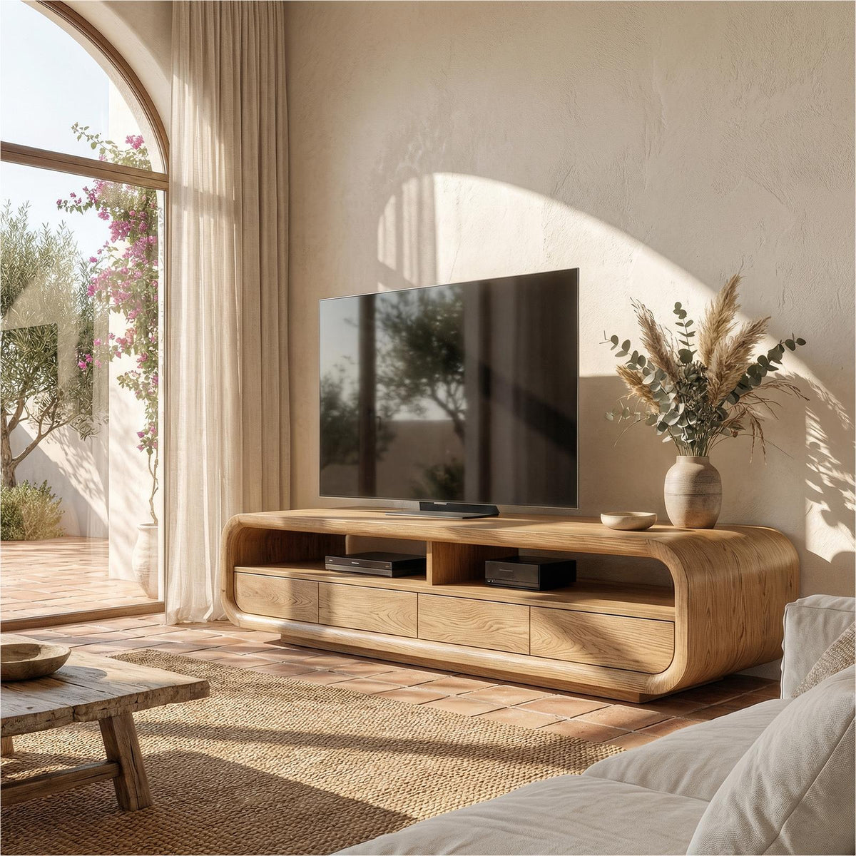 Rustic TV Cabinet, Solid Wood Media Console credenza with Storage Cabinets for Living Room