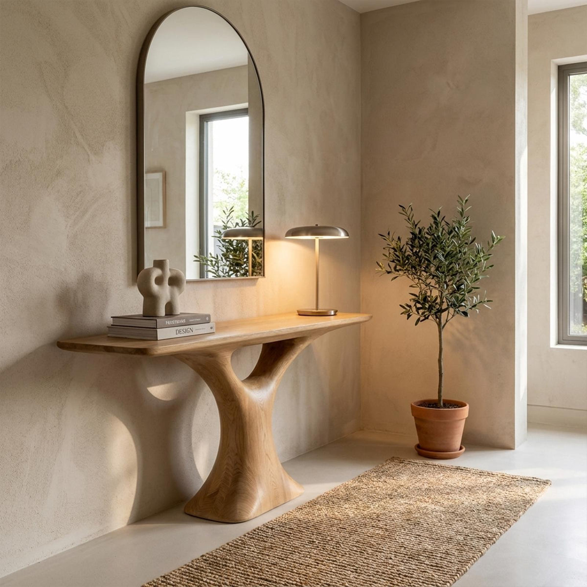 Mid Century Entry Table Smooth Sculptural Form Luxury Welcome Area