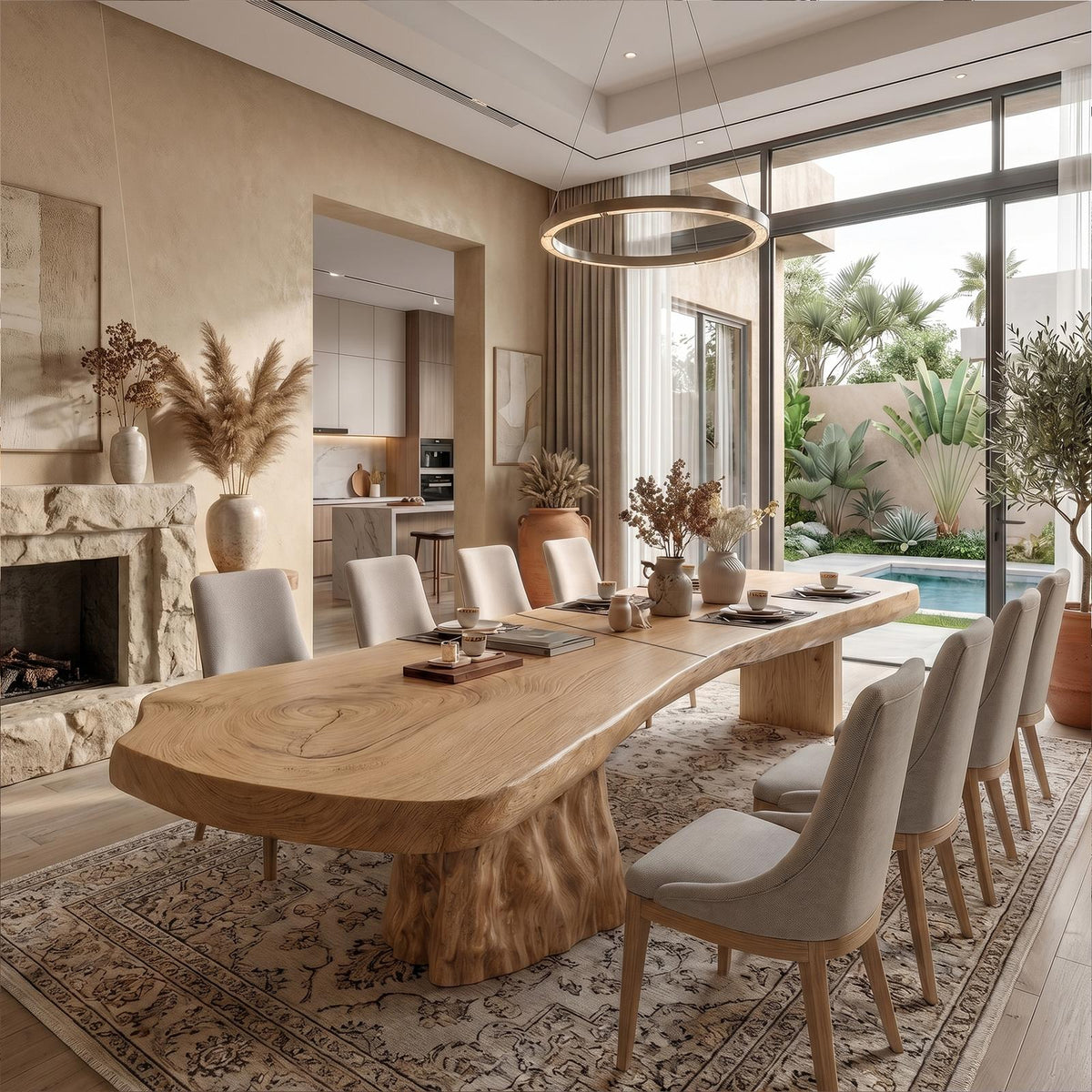 Organic Sculptural Dining Table With Live Edge Solid Wood Top And Pedestal Base For Dining Room SINLKIDT185