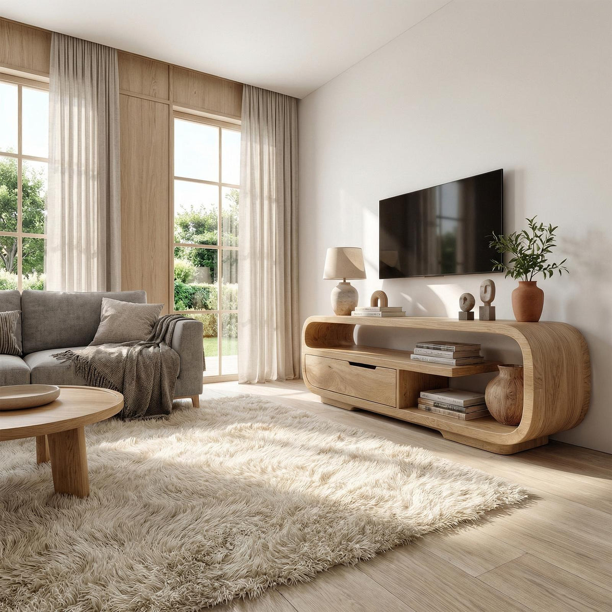 Minimalist Solid Wood TV Stand Cabinet, Modern Low Profile Media Console Table for Living Room Decor