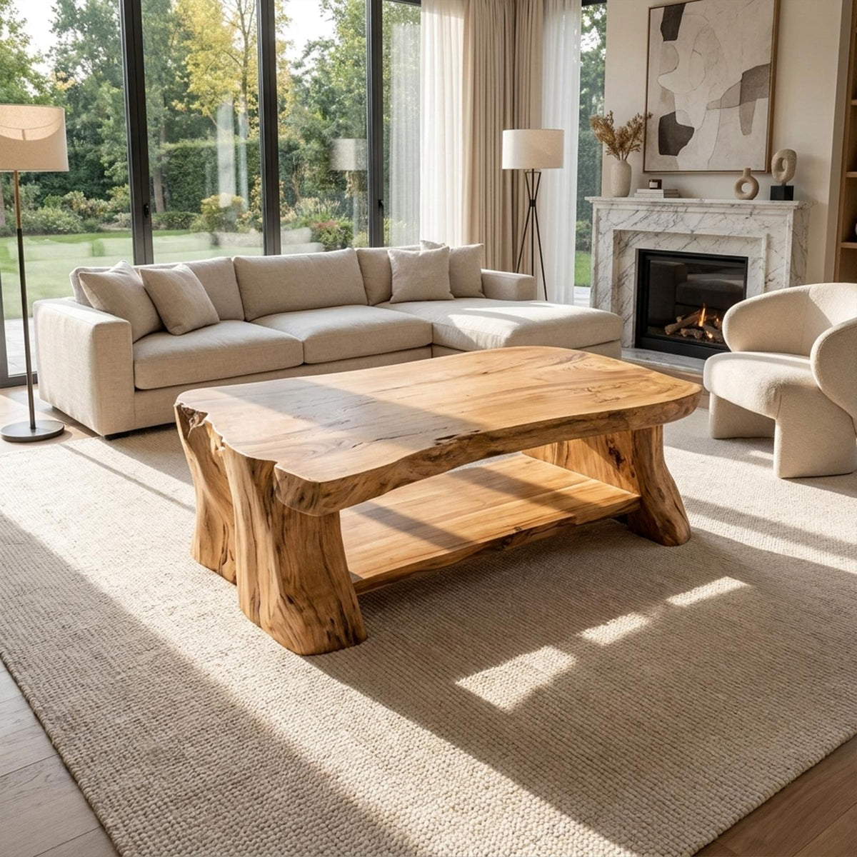 Reclaimed Slab Wood Coffee Table, Rustic Live Edge Solid Wood Center Table for Eco-Friendly Living Room Decor