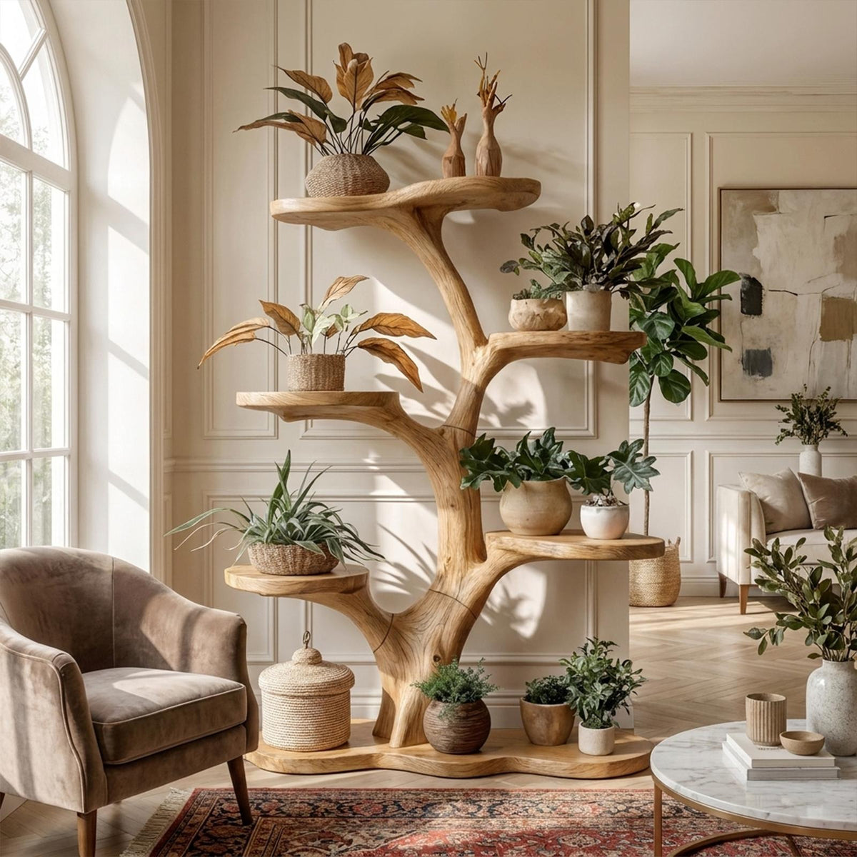 Rustic Tree Plant Shelf Indoor Green Display Living Room