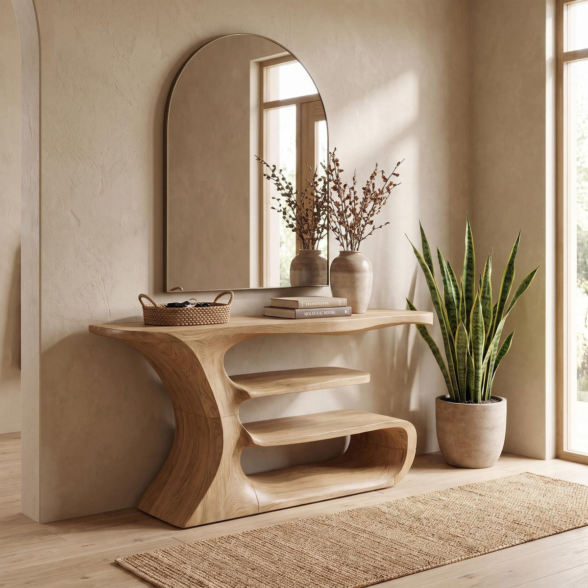 Sculptural Console Table, Solid Wood Artistic Accent Sofa Table for Elegant Living Room & Foyer