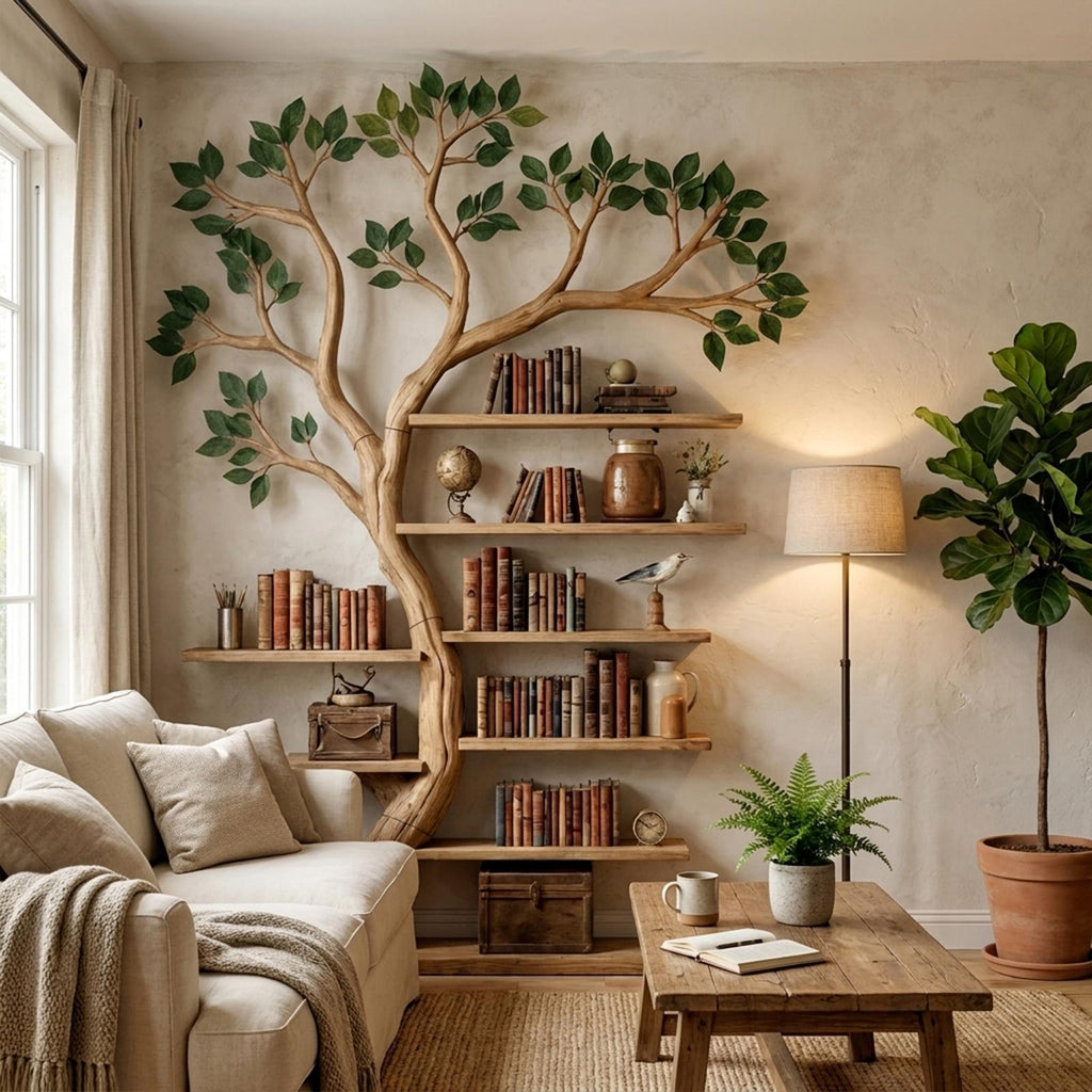 Rustic Tree Bookshelf Living Room Office Artistic Wall Display