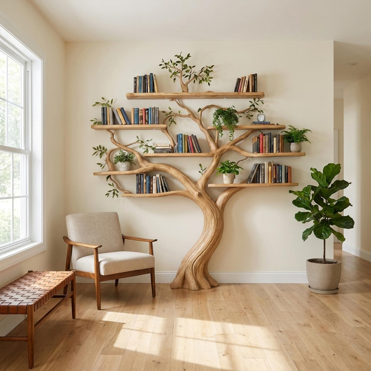 Organic Modern Large Tree Bookshelf, Freestanding Solid Wood Branch Bookcase & Storage Unit for Study & Library
