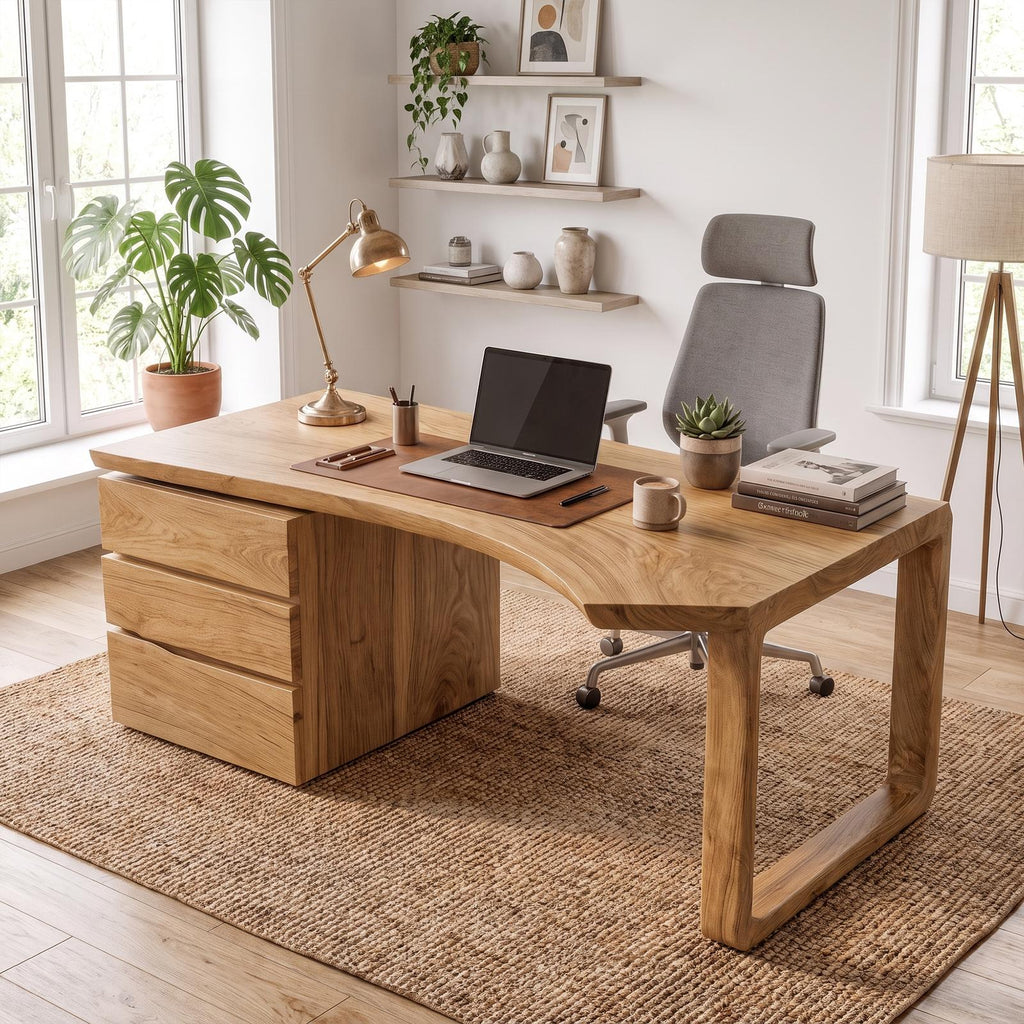 Mid Century Office Desk, Solid Wood Executive Computer Desk for Home Office & Workspace
