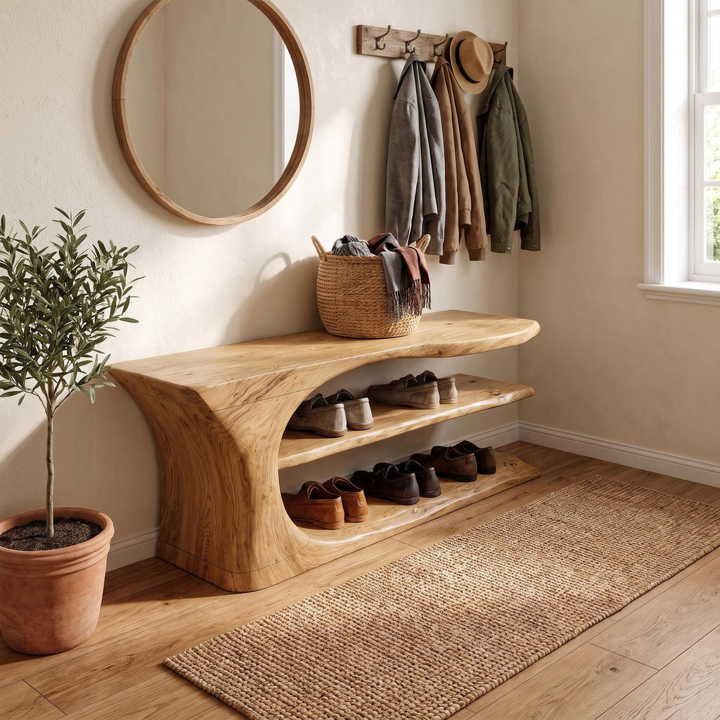 Mid Century Handcrafted Wooden Shoe Storage Bench Home