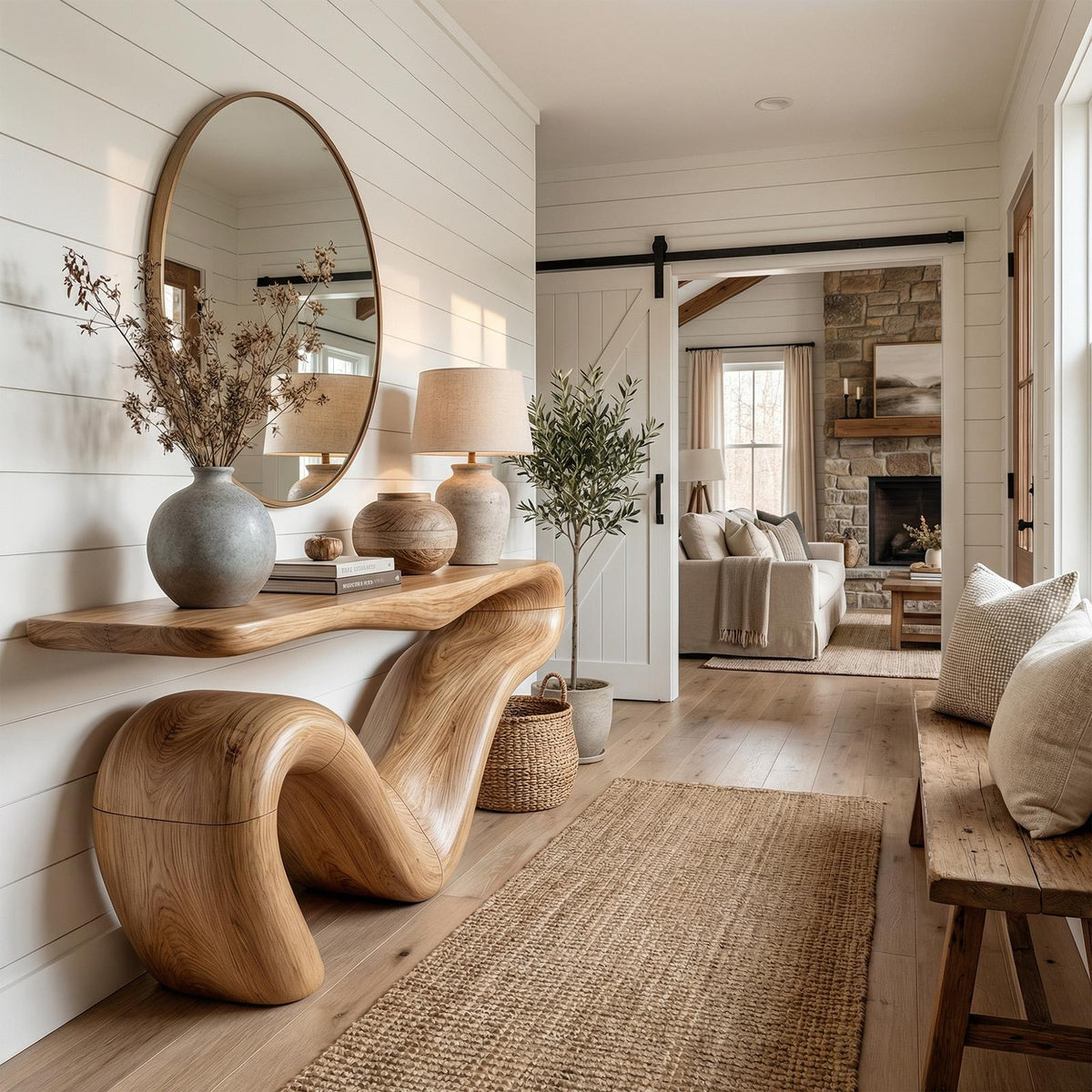 Organic Modern Sculptural Console Table, Solid Wood Curved Entryway & Living Room Accent Sofa Table