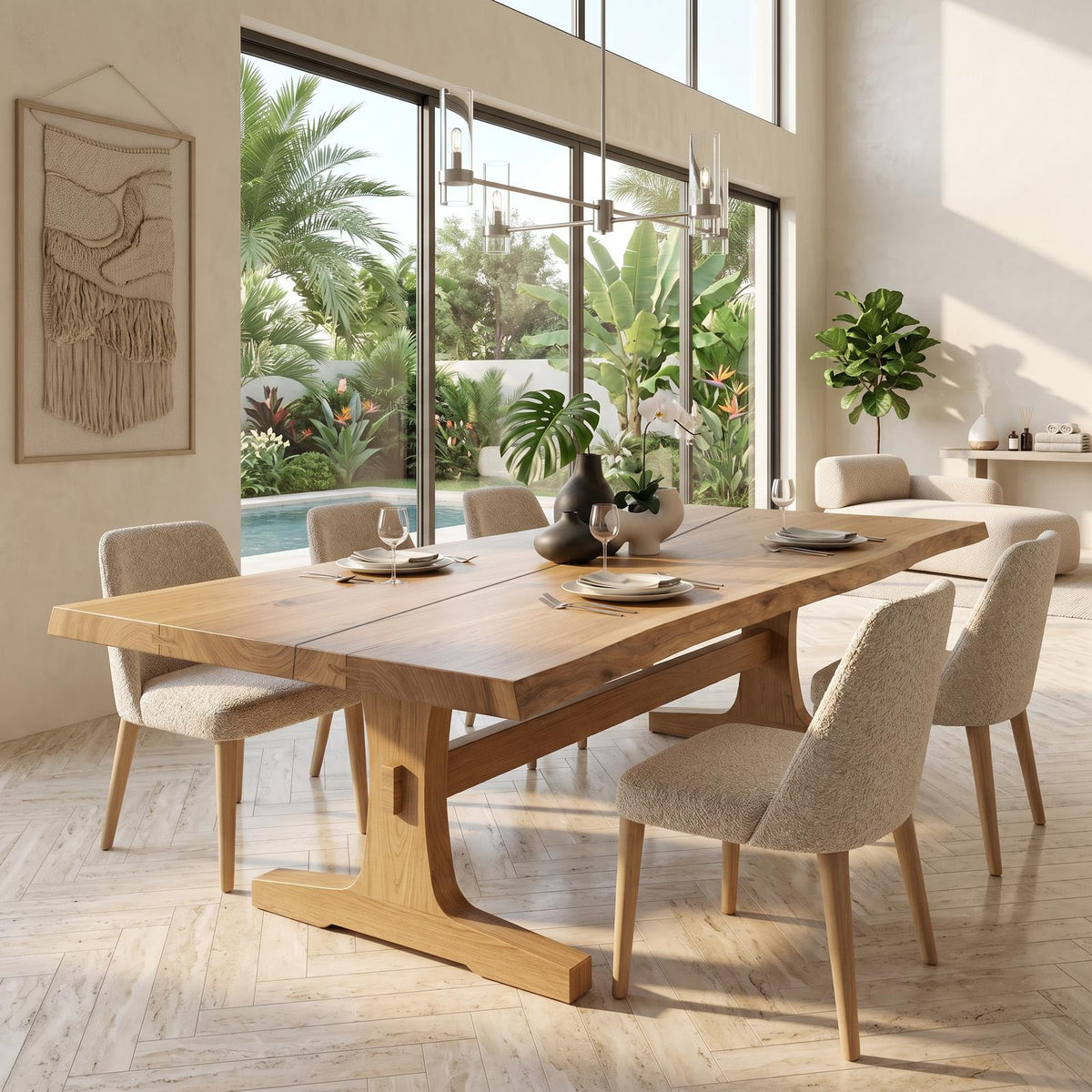 Organic Live Edge Dining Table with Waterfall Wood Base, Rustic Solid Wood Kitchen Table for Dining Room