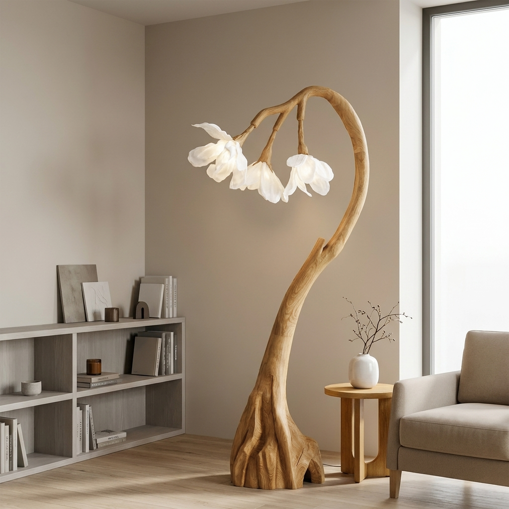 Floral Floor Lamp with Organic Wood Base, Handcrafted Flower Shape Tall Standing Reading Light for Cozy Living Room