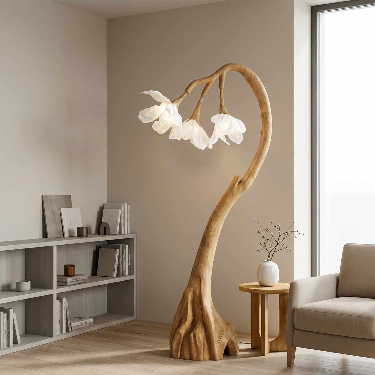 Floral Floor Lamp with Organic Wood Base, Handcrafted Flower Shape Tall Standing Reading Light for Cozy Living Room