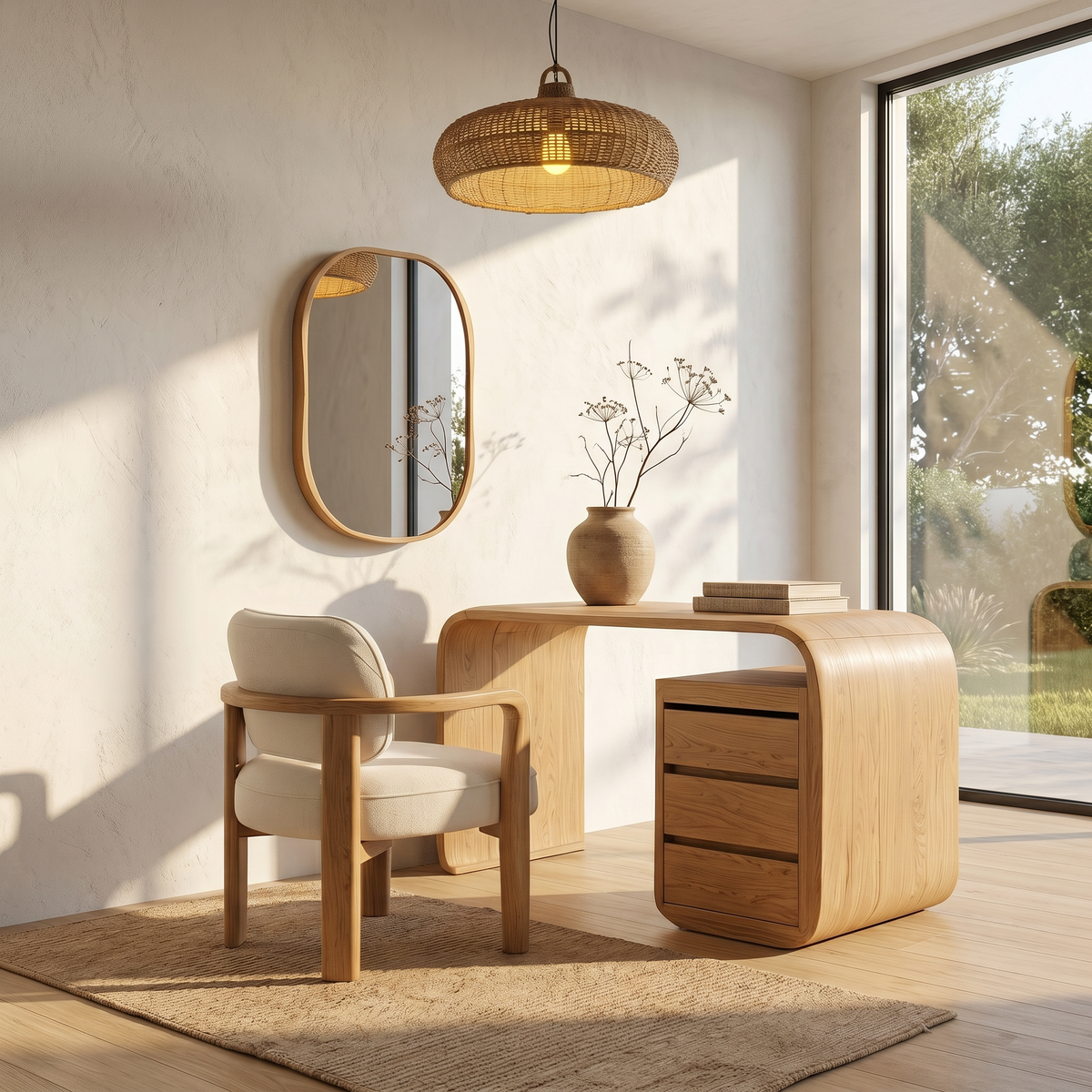 Spry Interior Modern Walnut Vanity Table, Bedside Makeup Console Desk with Open Storage Shelves, Solid Wood Bedroom Furniture, SINLSABDT073