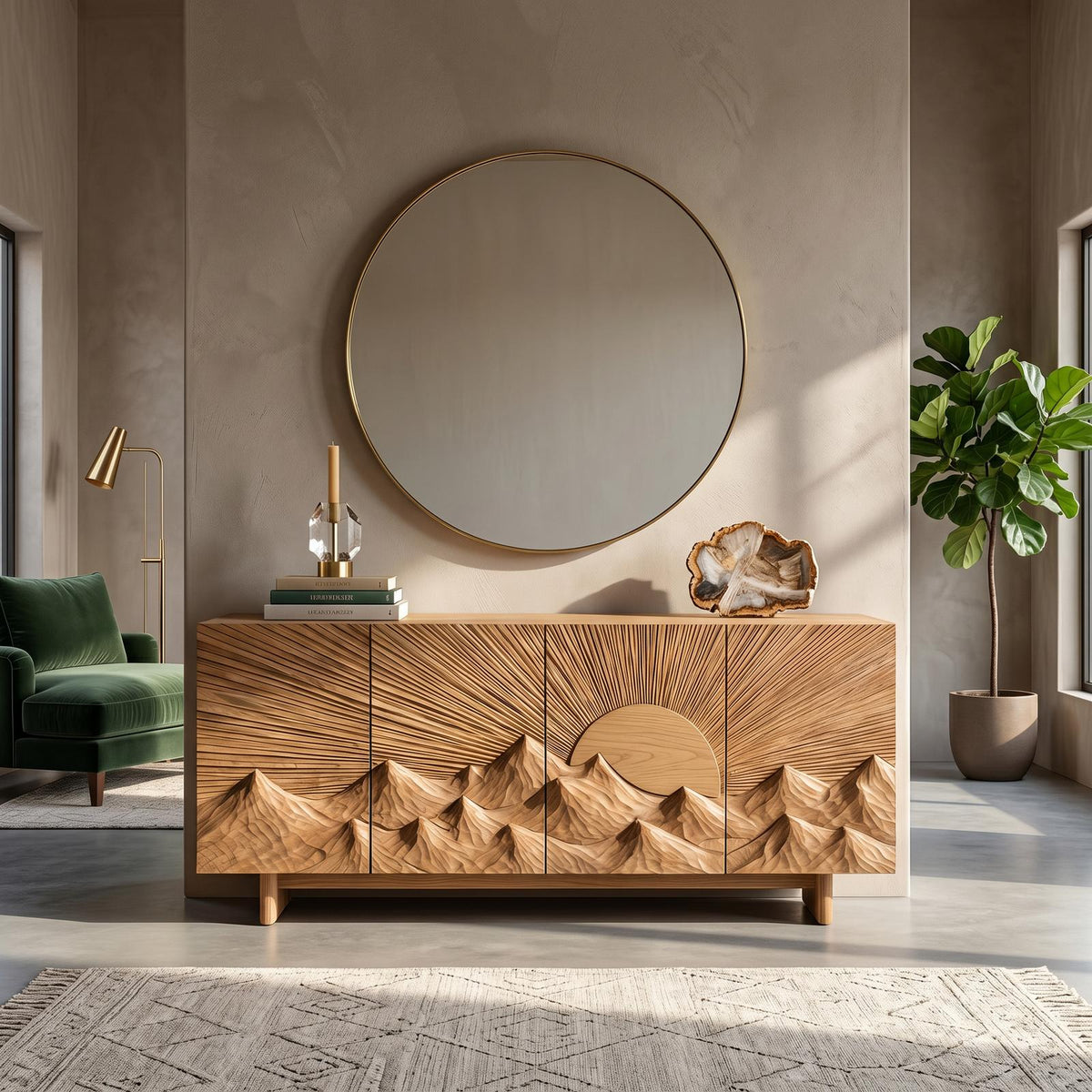 Contemporary Landscape Sideboard with Sculptural Carved Wood Doors, Artistic Living Room Buffet Credenza