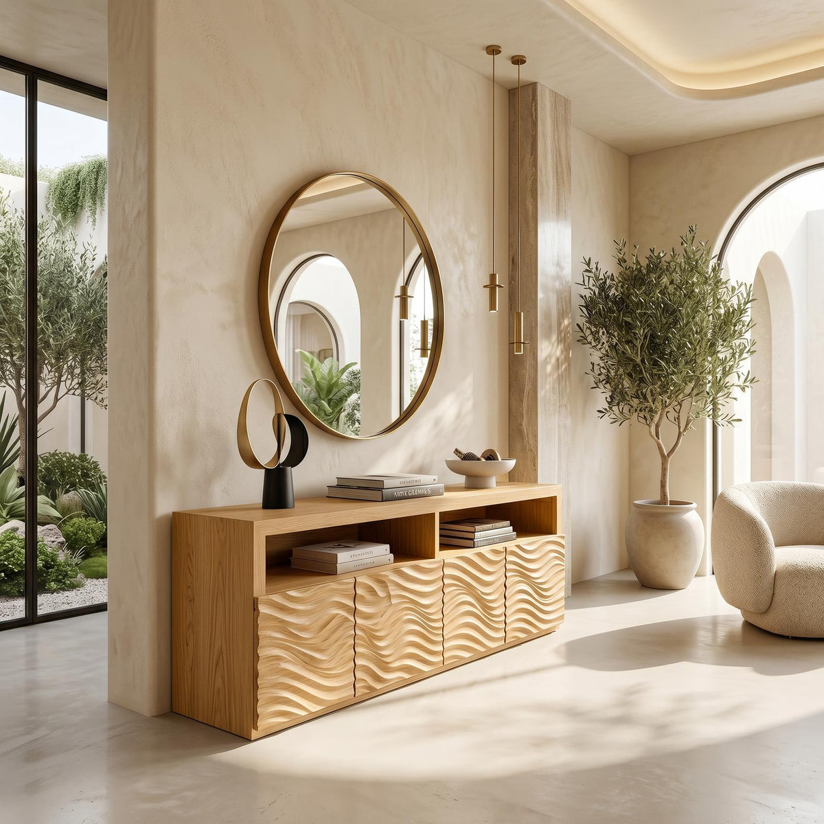 Contemporary Sideboard with Geometric Carved Wood Doors & Functional Storage Cabinet, Living Room Credenza