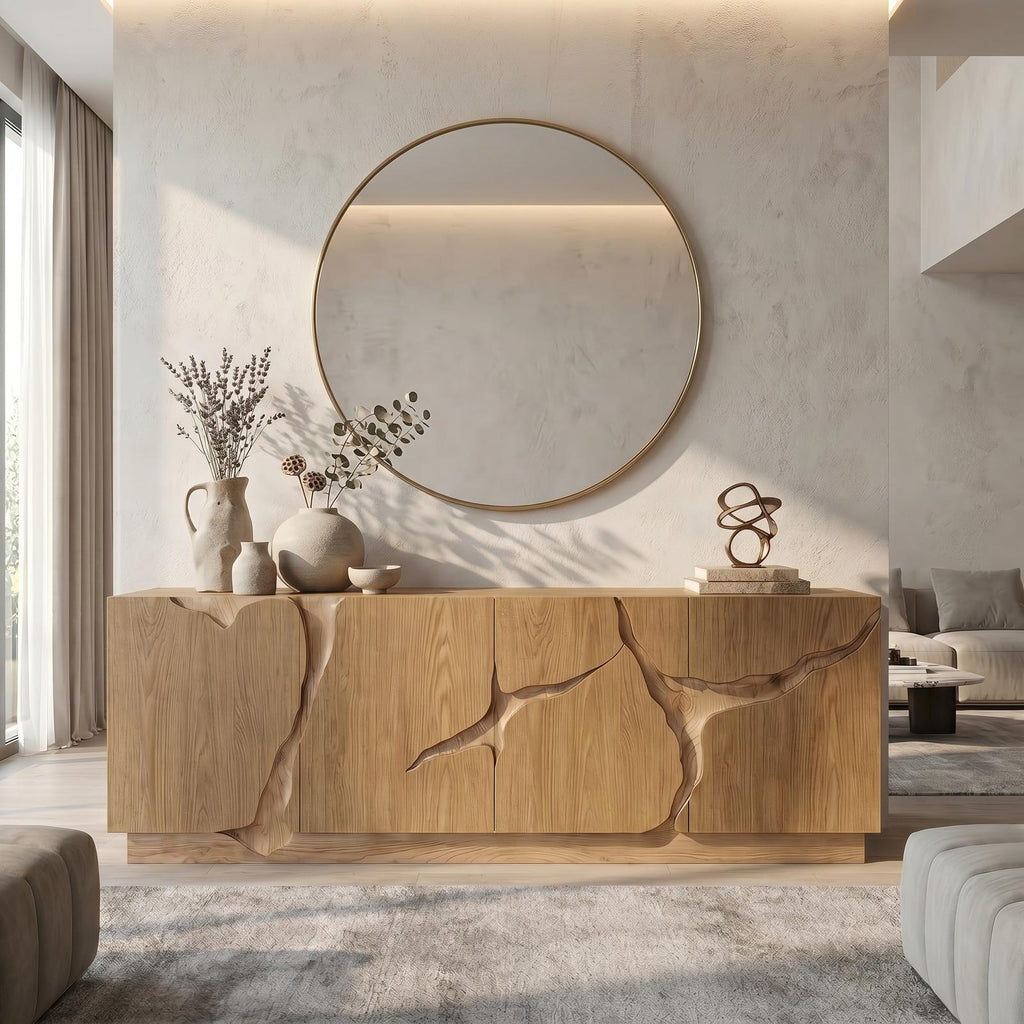 Organic Sideboard with Charred Wood Doors & Natural Live Edge Inlay, Shou Sugi Ban Buffet Credenza Console