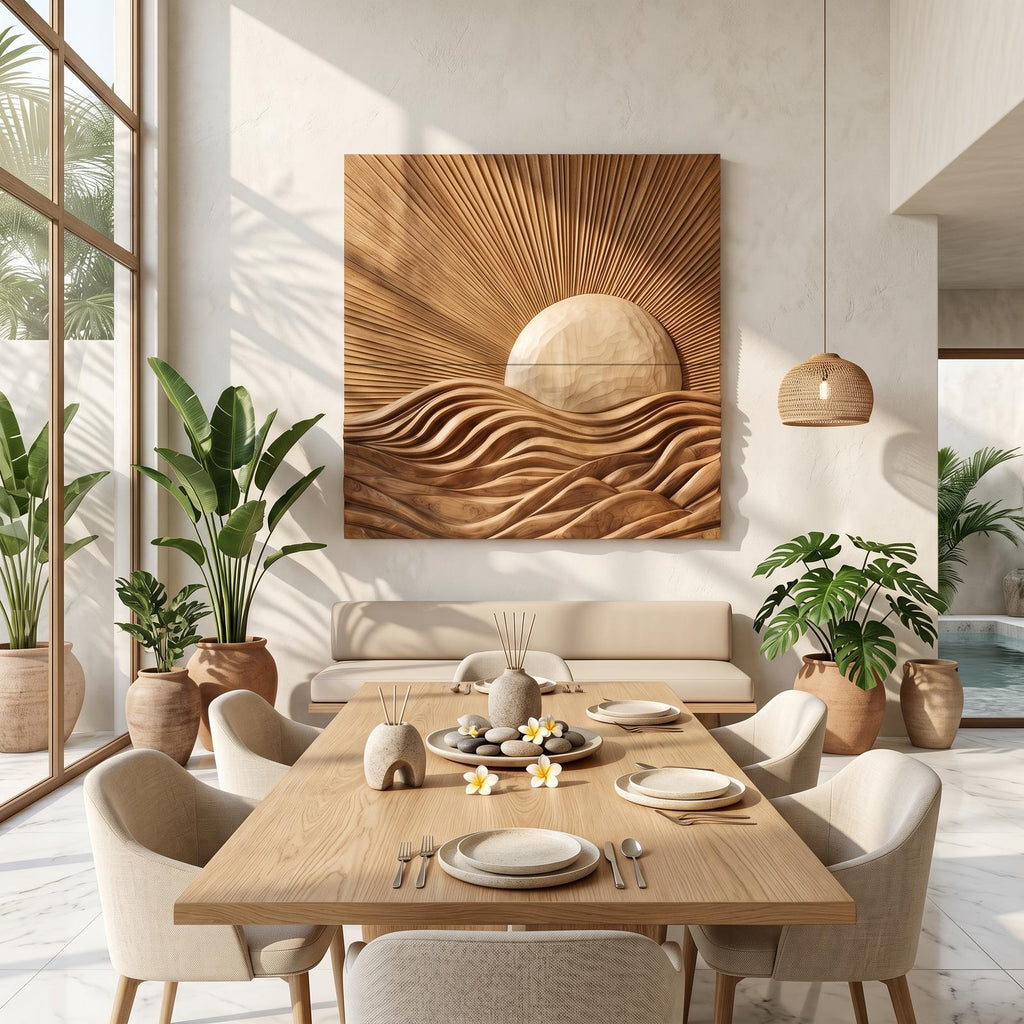 Organic Sunrise Wooden Wall Art Panel, Sunburst Carved Relief Wood Sign Decor for Living Room, Entryway