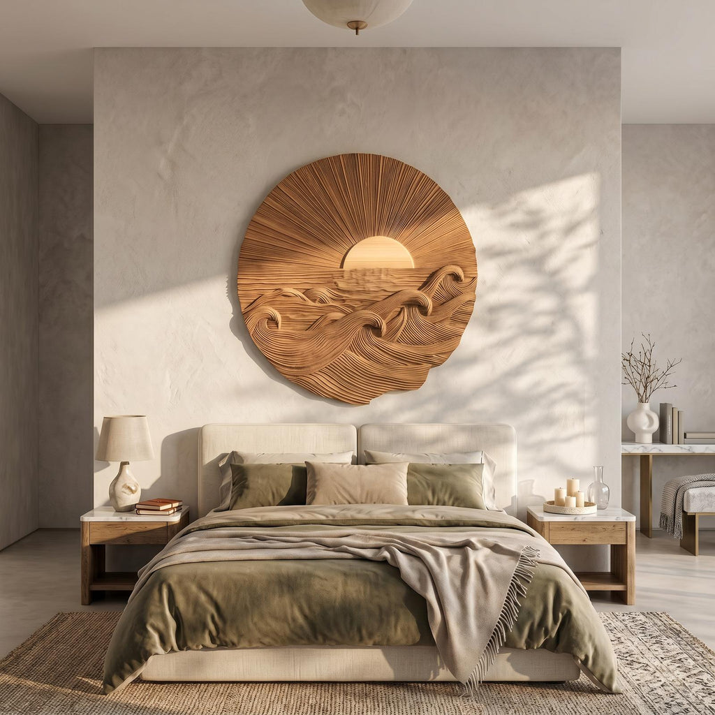 Organic Sunrise Wooden Wall Art, Carved Landscape Sunburst Panel Decor for Living Room, Entryway