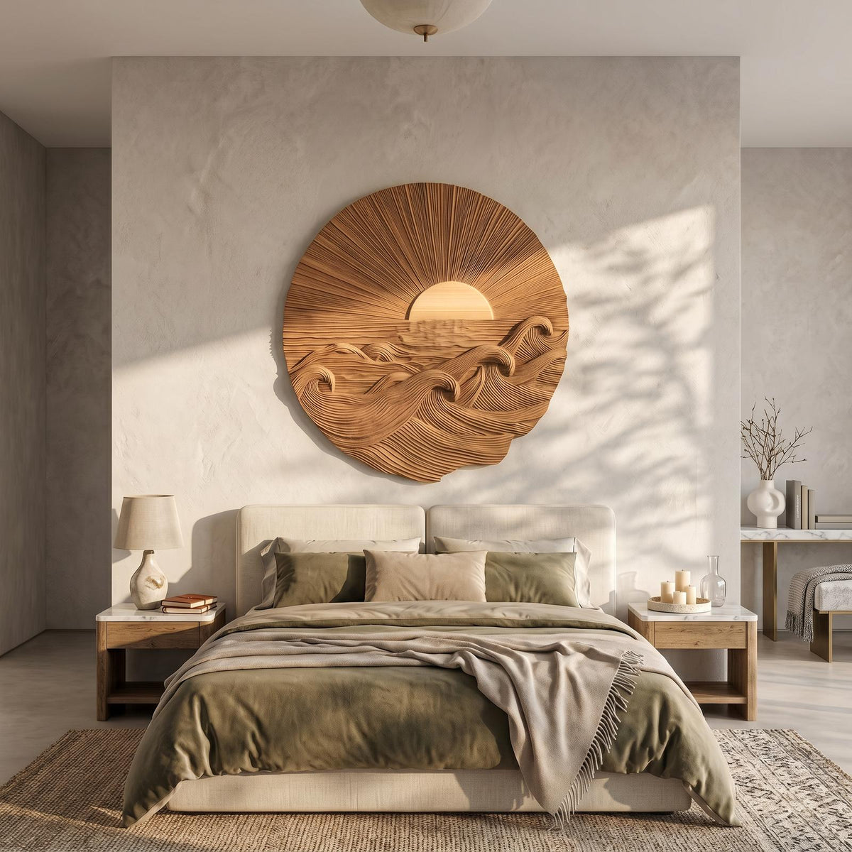 Organic Sunrise Wooden Wall Art, Carved Landscape Sunburst Panel Decor for Living Room, Entryway