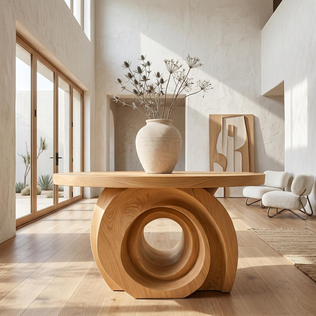 Modern Round Foyer Table, Sculptural Ring Pedestal Solid Wood Entryway & Hallway Accent Table