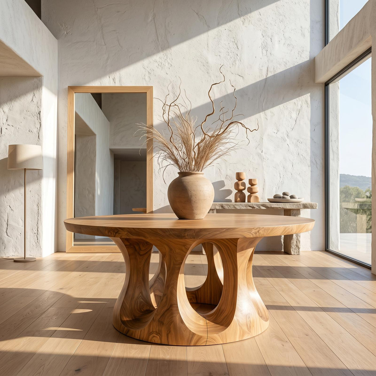 Organic Round Foyer Table, Sculptural Dual Ring Pedestal Entryway & Hallway Console Table