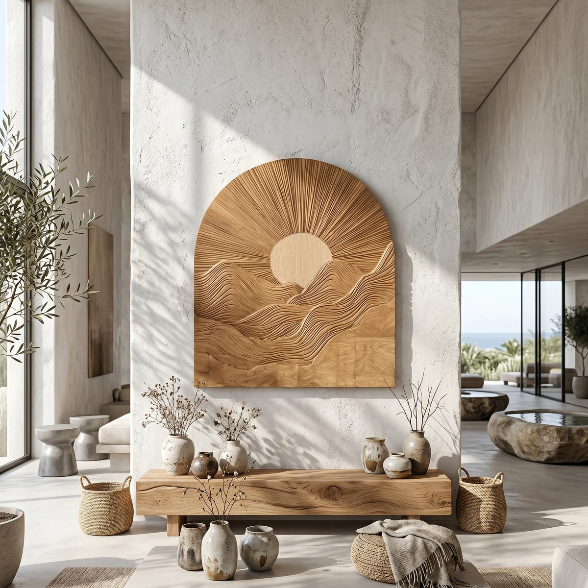 Sunburst Wall Art, Round Sculptural Wooden Relief Panel Decor for Living Room, Bedroom & Entryway