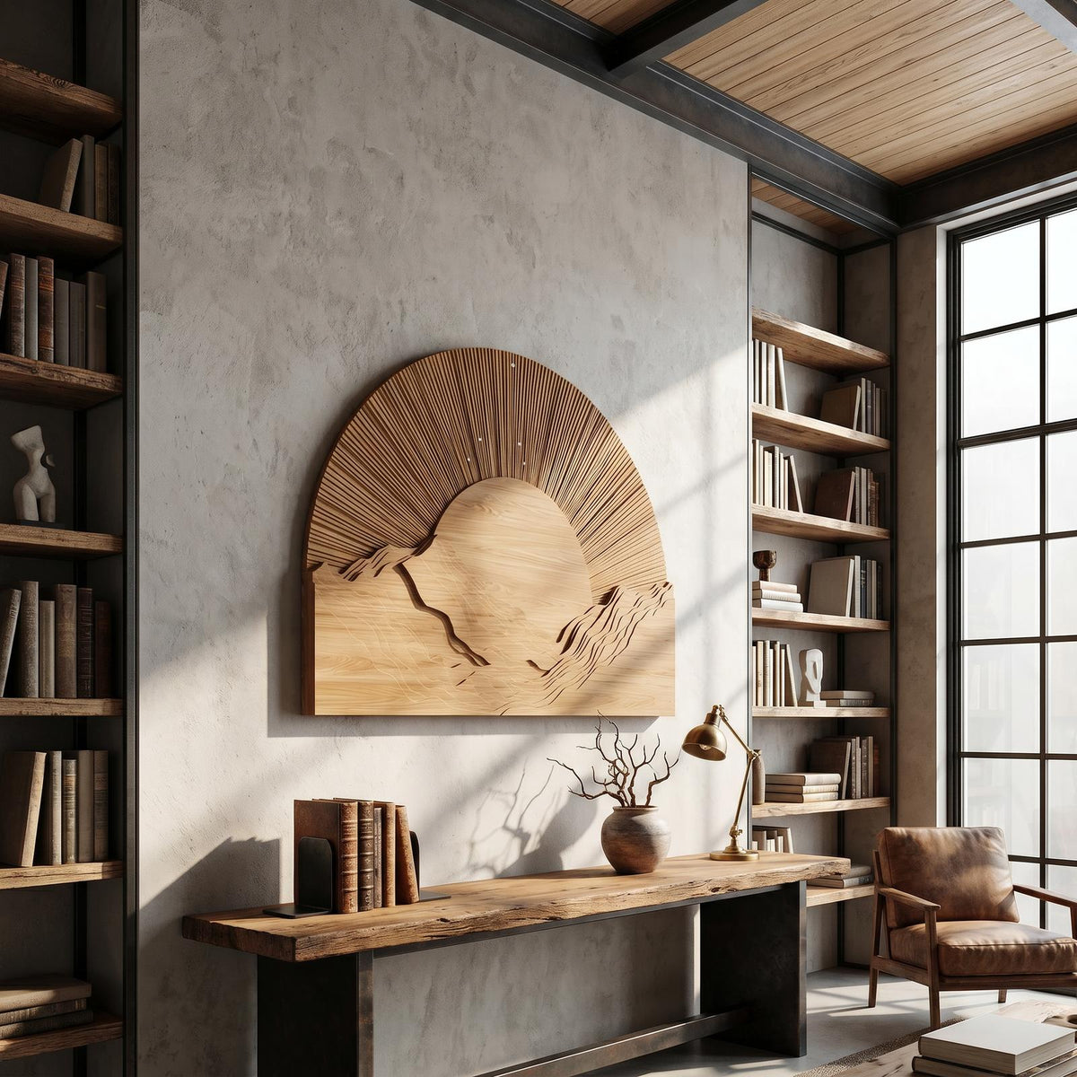 Half Moon Wall Art, Sunburst Carved Wood Panel Decor for Modern Living Room, Hallway and Entryway