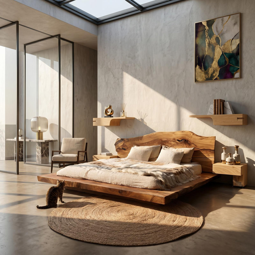 Spry Interior Modern Platform Bed Frame, Low Profile Solid Wood Slats Bed with Headboard for Bedroom Furniture, SINLSAWB126