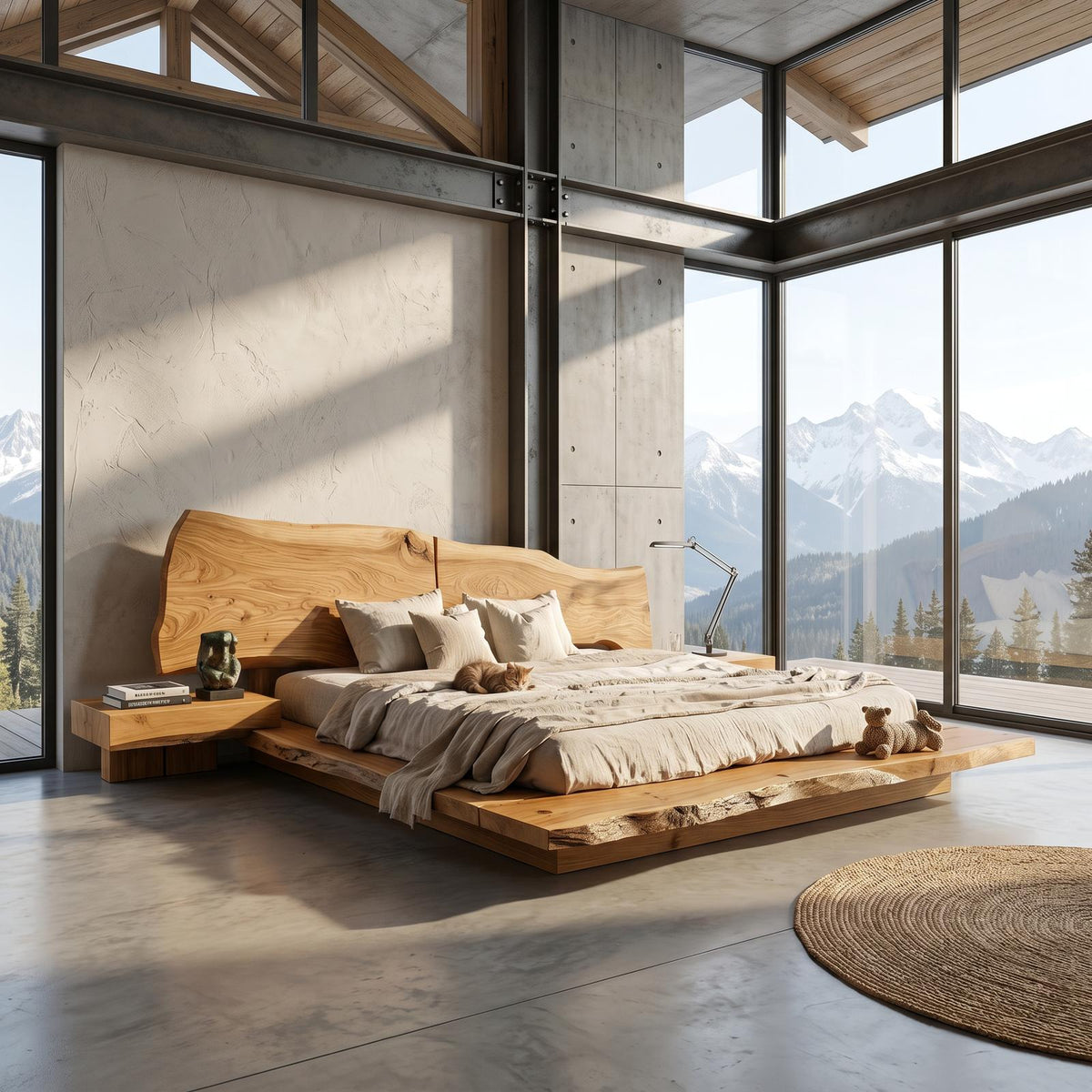 Organic Sculptural Bed Frame With Handcrafted Solid Wood Headboard And Floating Platform Design For Bedroom SINLSAWB127