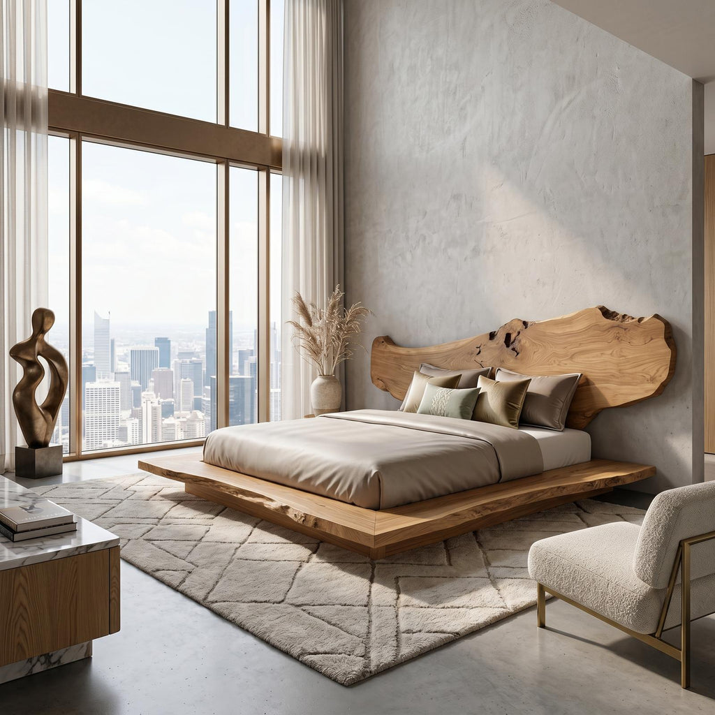 Teezano Luxury Organic Bed Frame, Sculptural Solid Wood Headboard Floating Platform Bed, King Queen Size Bedroom Furniture Frame, SINLSAWB131