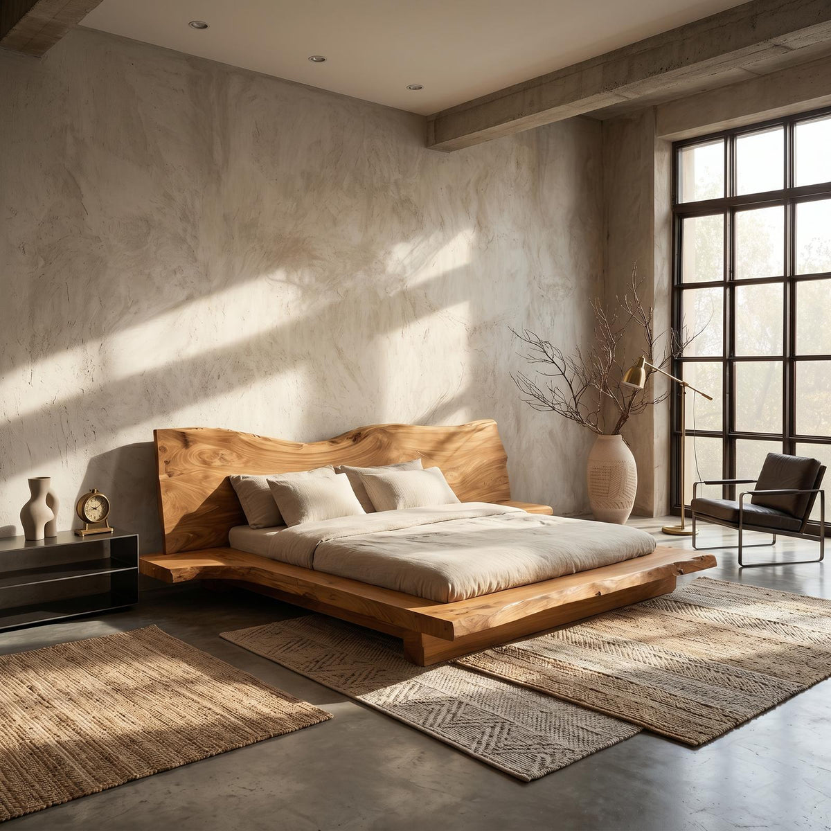 Spry Interior Contemporary Platform Bed Frame, Handcrafted Solid Wood Headboard Platform Bed, King Queen Bedroom Furniture Bedframe, SINLSAWB132