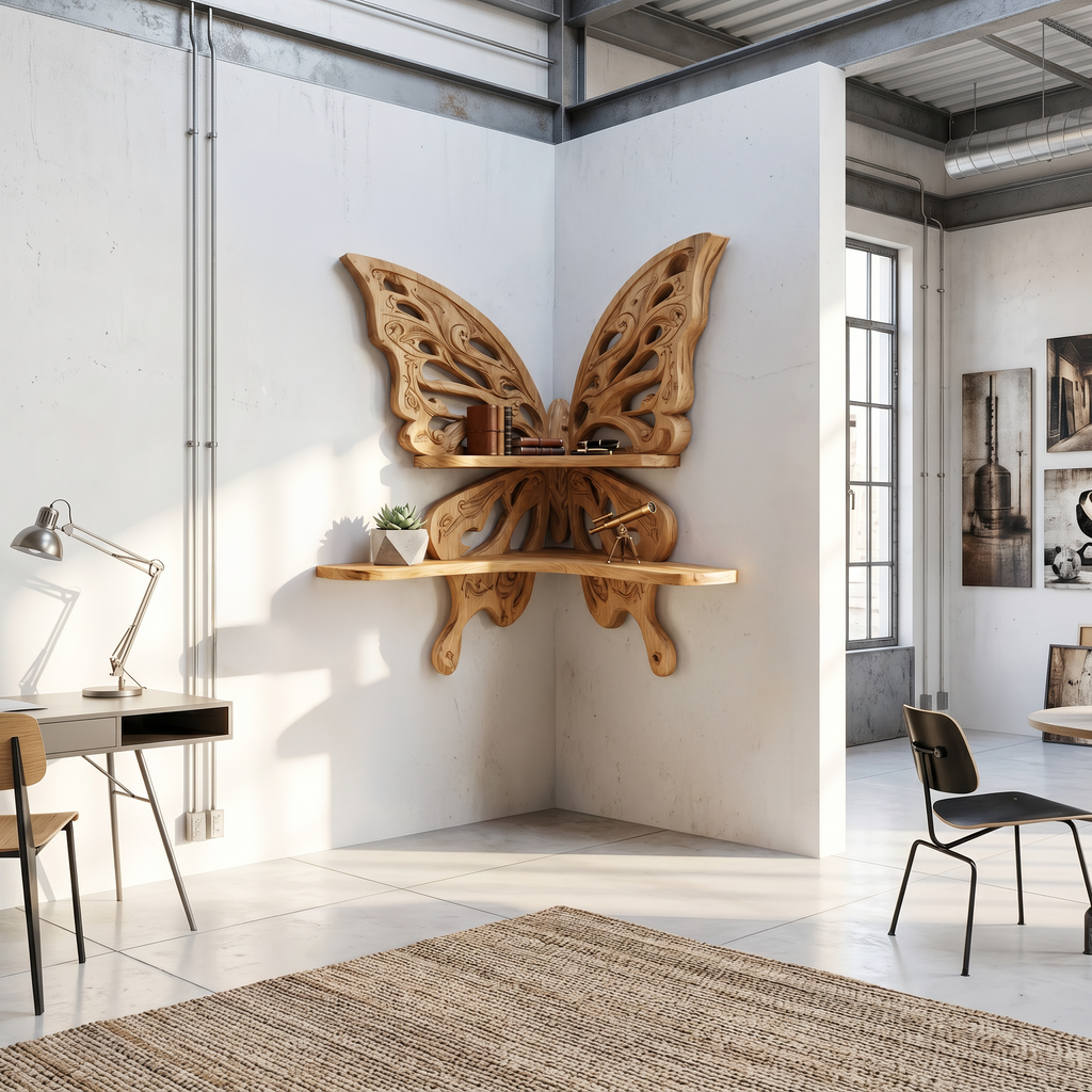 Butterfly-Inspired Floating Shelf, Sculptural Live Edge Wood Wall Shelf for Living Room, Bedroom & Entryway Decor