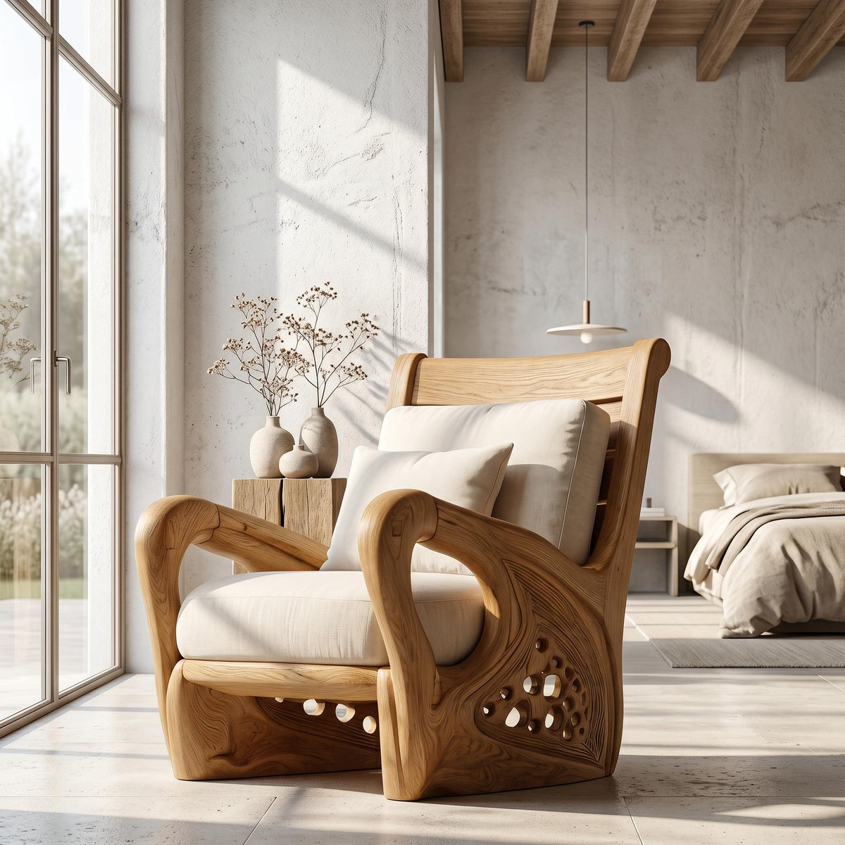 Nature Inspired Wooden Accent Armchair, Sculptural Lounge Chair for Living Room Relax