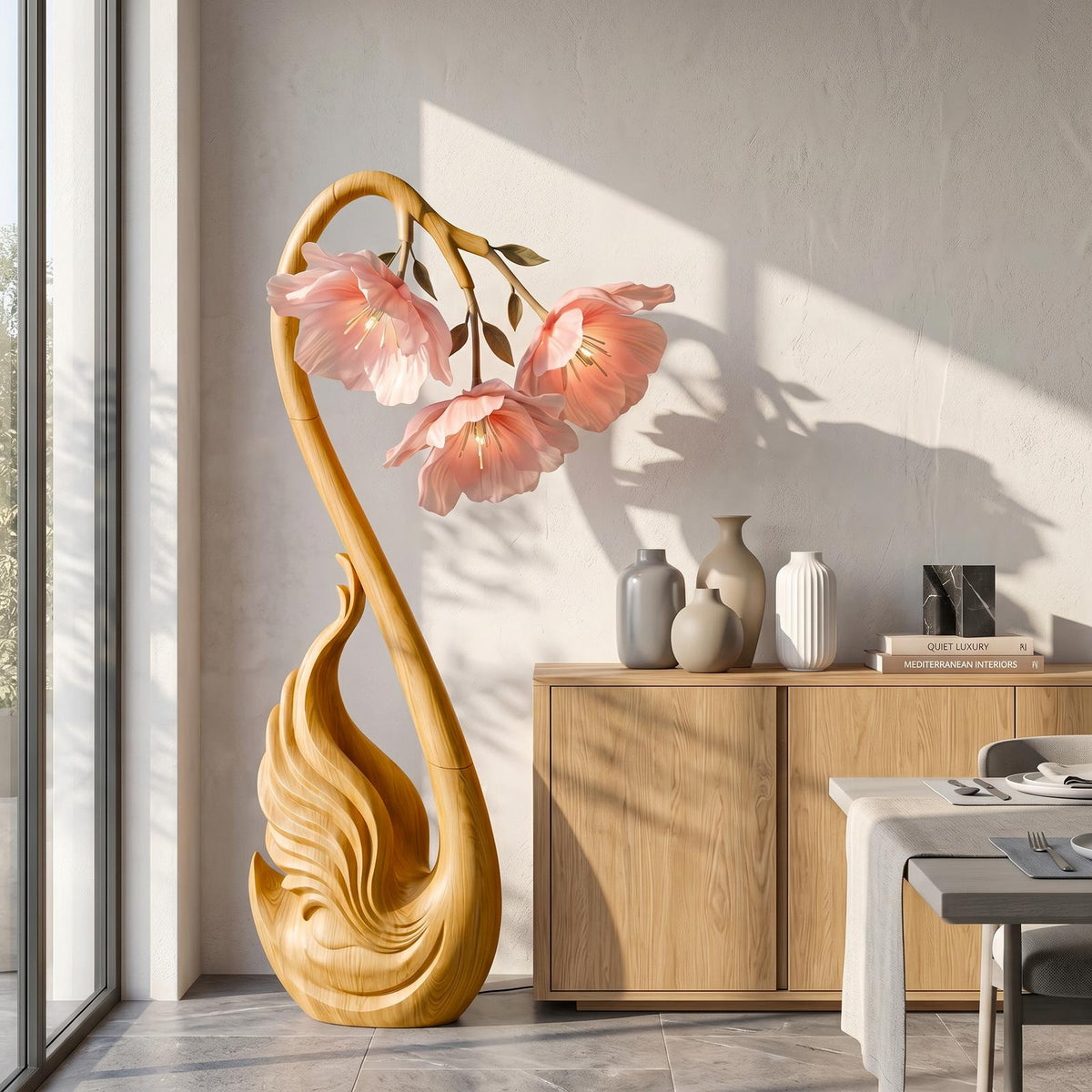 Modern Wood Floor Lamp, Handcrafted Sculptural Flower Shape Standing Accent Light for Living Room, Model