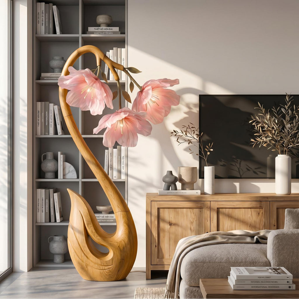 Sculptural Flower Floor Lamp, Handcrafted Organic Wood Blooming Rose Shape Standing Light for Bedroom, Model