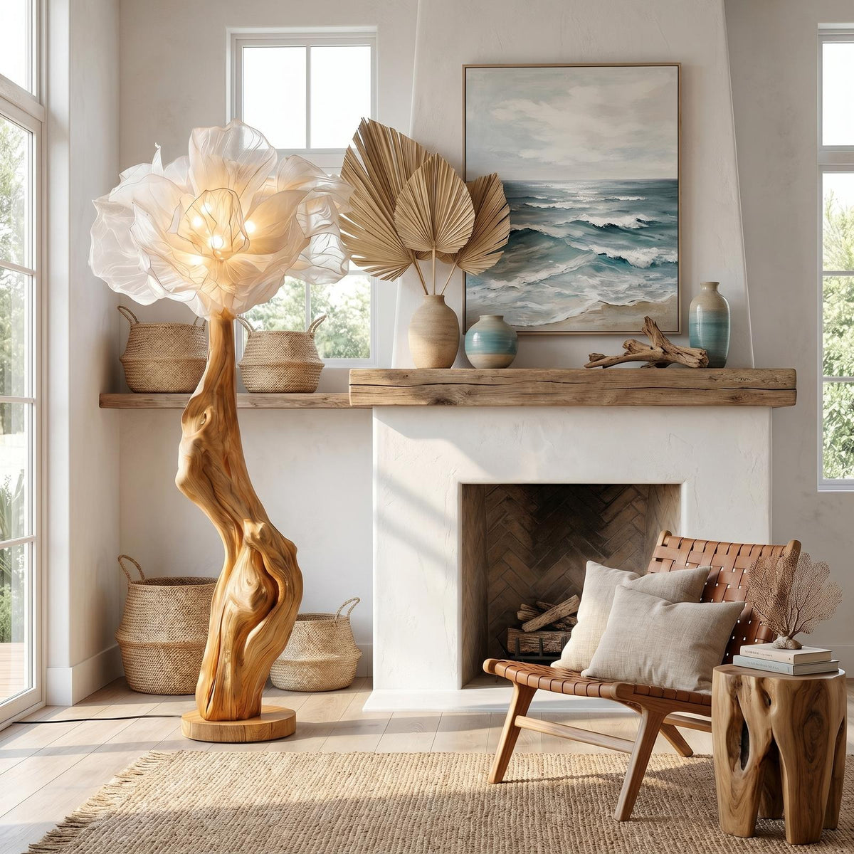 Nature Inspired Wood Floor Lamp, Handcrafted Artistic Flower Display Standing Light for Living Room, Model