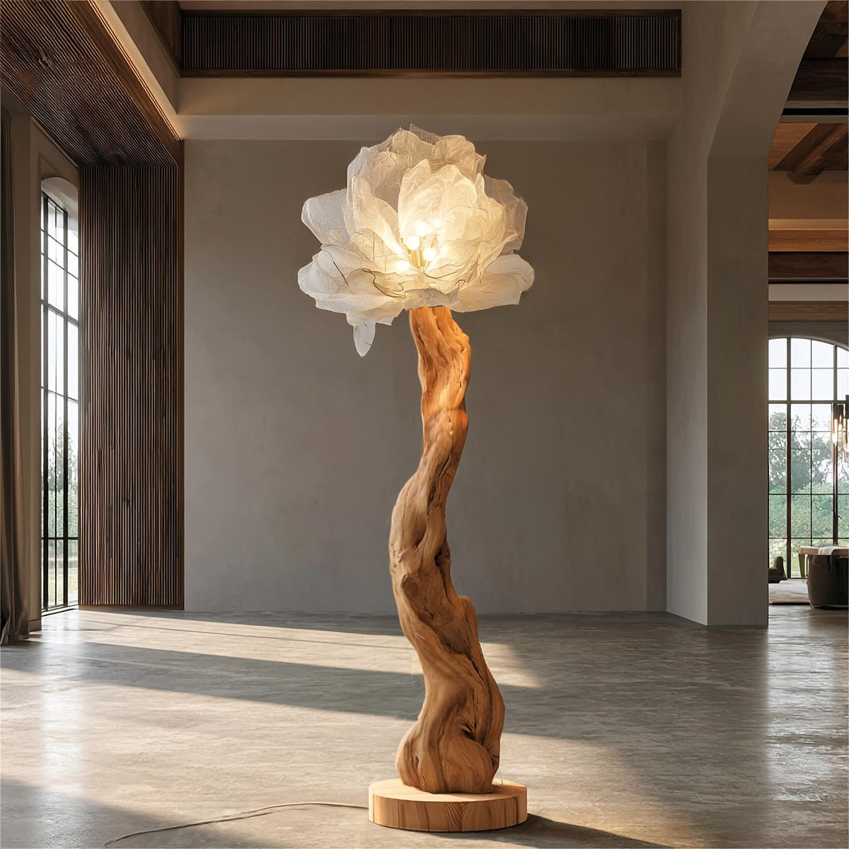 Organic Wood Standing Lamp, Handcrafted Sculptural Bloom Flower Design Tall Floor Lamp for Living Room, Model