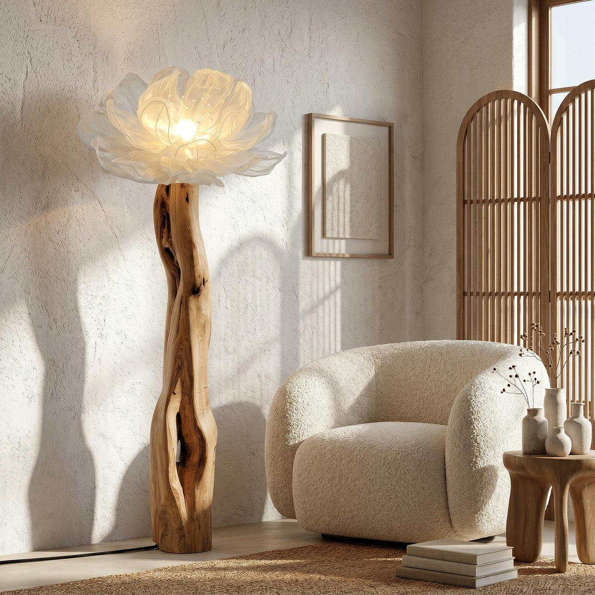 Artistic Wood Floor Lamp, Handcrafted Sculptural Flower Arrangement Design Tall Standing Light for Home, Model
