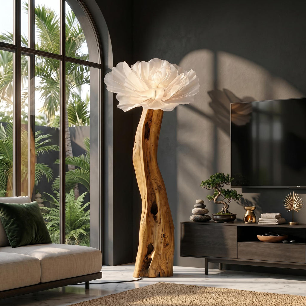Artistic Flower Floor Lamp Sculptural Wood Base For Living Room