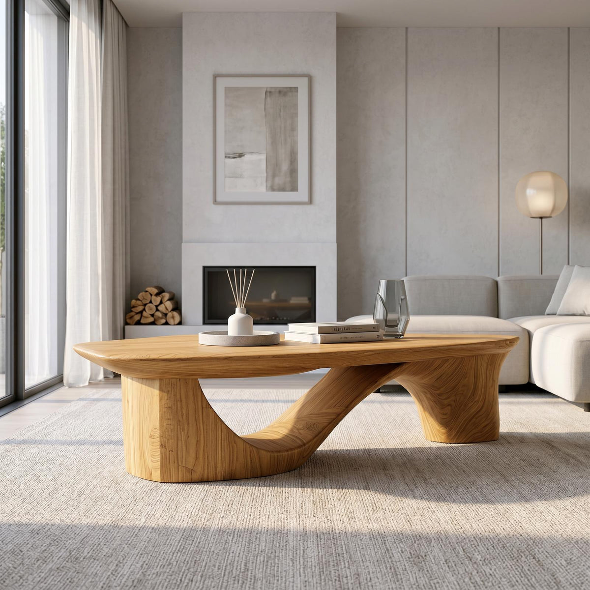 Contemporary Coffee Table With Sculptural Wooden Base For Living Room SINLSACF406