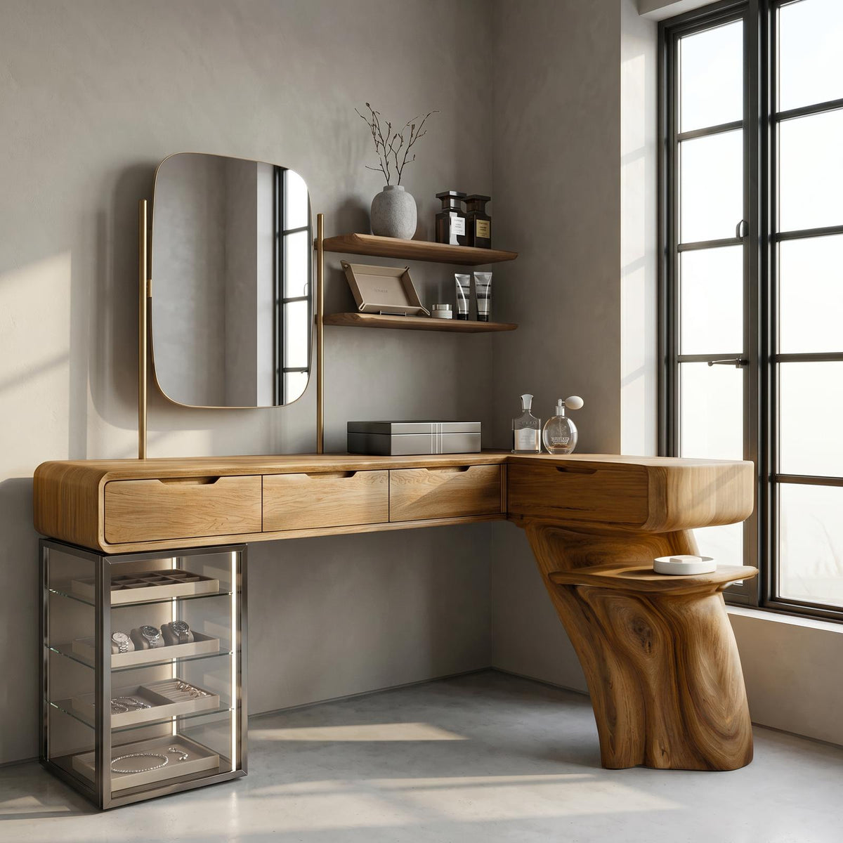 Nature Inspired Dressing Table With Sculptural Wood Design For Bedroom SINLSABDT085